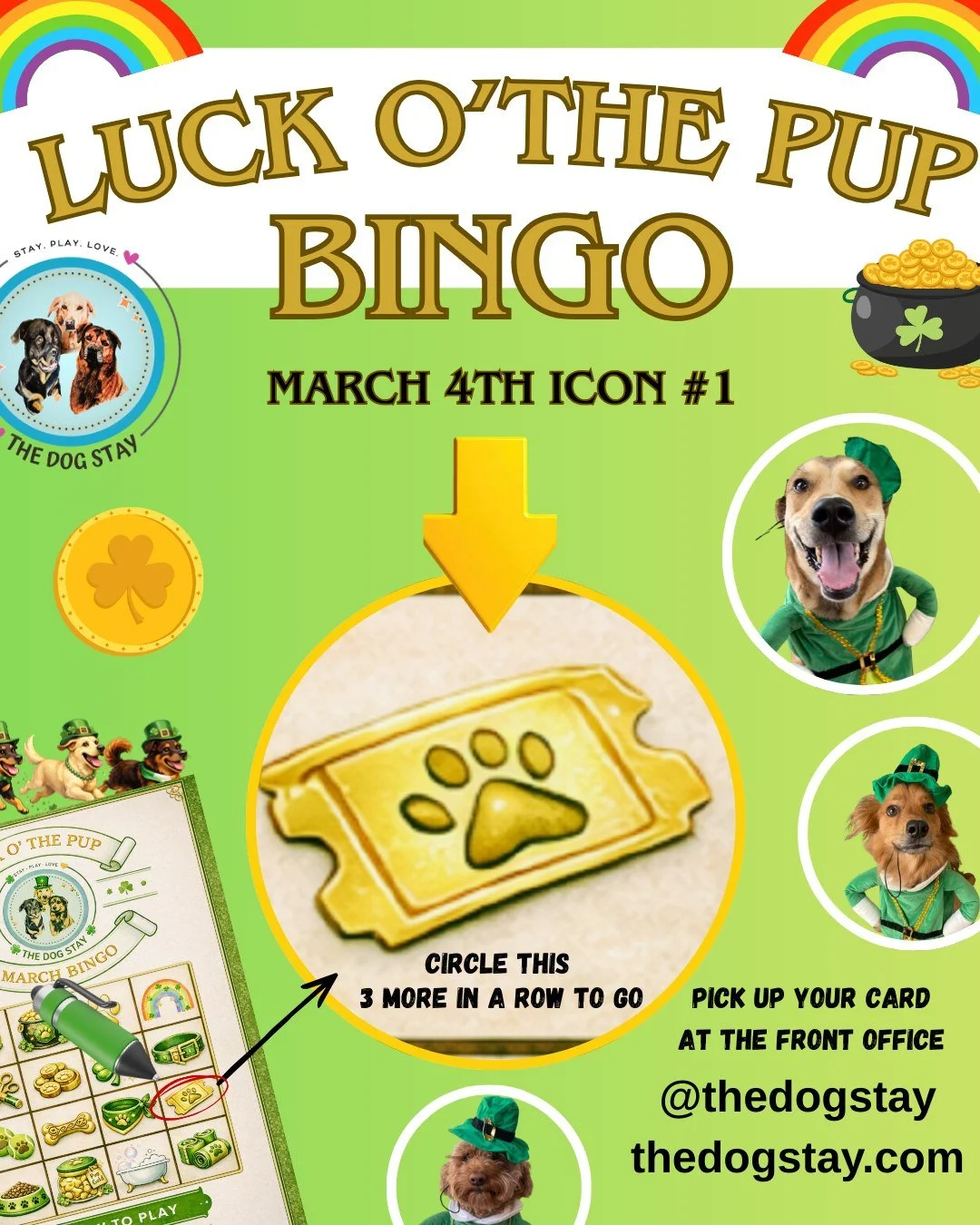 Tonight&rsquo;s icon is&hellip; The Golden Ticket 🎟️

Check your Bingo card!

No card yet? Pick one up at the front desk &mdash; 4 in a row wins a customized Dog Stay gift. 🎁

New icons drop every Wednesday at 7pm on Instagram, Facebook, and our we