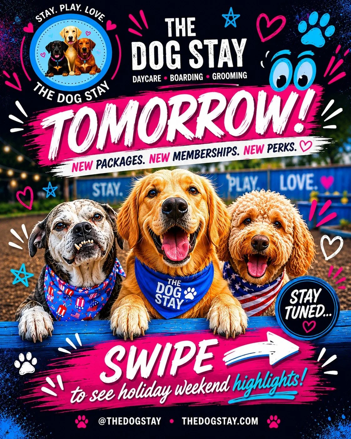 &ldquo;Memorial Day weekend brought the smiles, costumes, zoomies, playtime, and fresh grooms. 🇺🇸🐾 

But tomorrow&hellip; we finally share what we&rsquo;ve been teasing. 👀

New packages.
New memberships.
New perks for our Dog Stay family.

Stay t