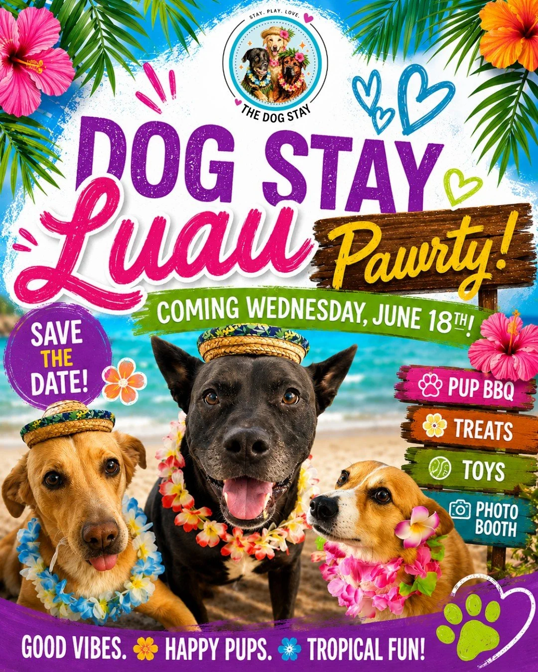 🌺 Aloha, pups! 🌺

The Dog Stay Luau Pawrty is coming June 18th! 🐾🌴

We're bringing the island vibes with a Pup BBQ, treats, toys, photo booth, and plenty of tropical fun with friends. ☀️🍖📸

Here are a few pups already practicing their luau pose