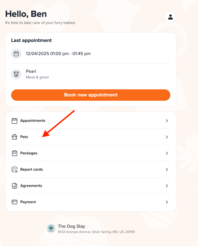 Screen shot of a pet care service app dashboard showing upcoming appointment details, a button to book a new appointment, and menu options including Pets, Packages, Report cards, Agreements, and Payment. The user's pet's name is Pearl, and the business is named The Dog Stay in Silver Spring, Maryland.