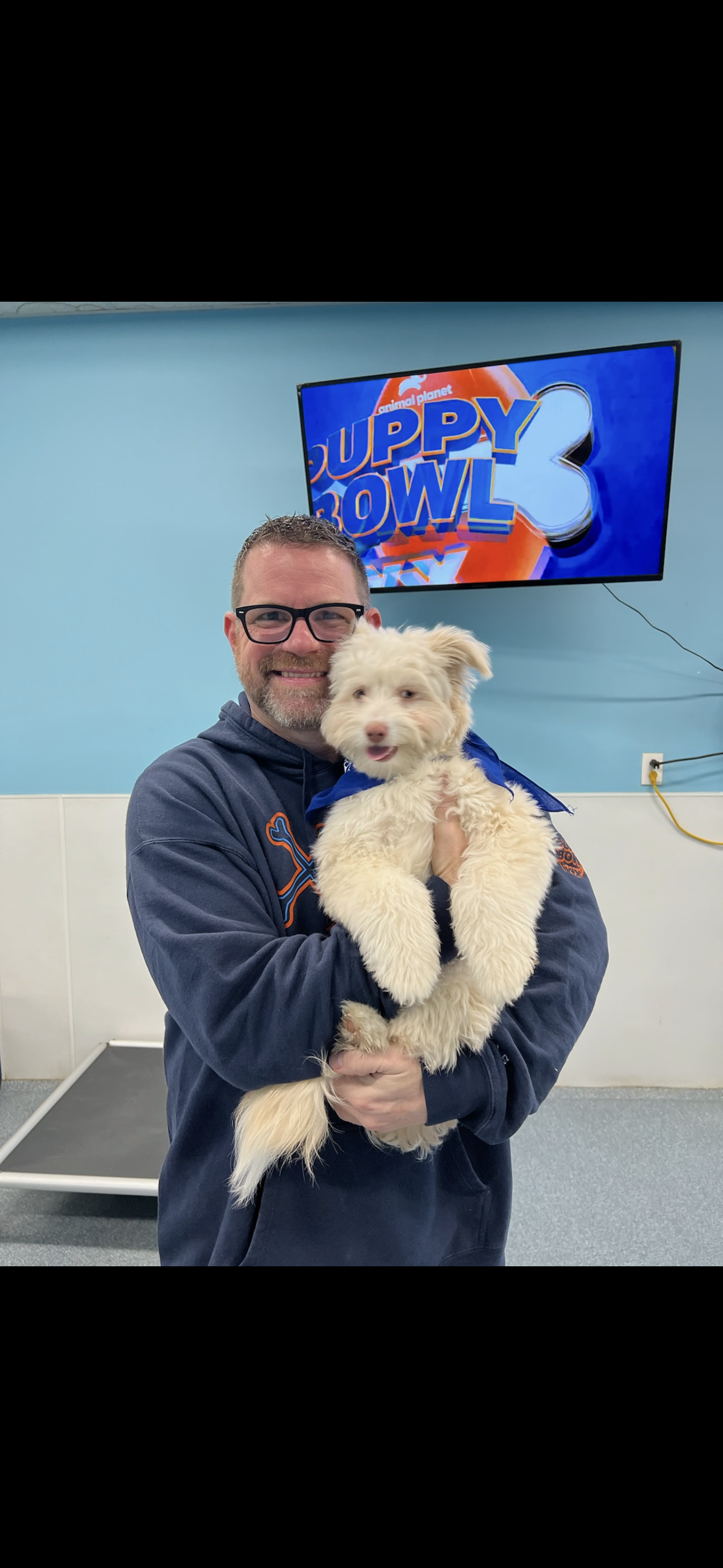 A man wearing glasses and a blue hoodie holding a light-colored fluffy puppy in front of a light blue wall with a TV screen that shows a logo for Animal Planet's Puppy Bowl 3.