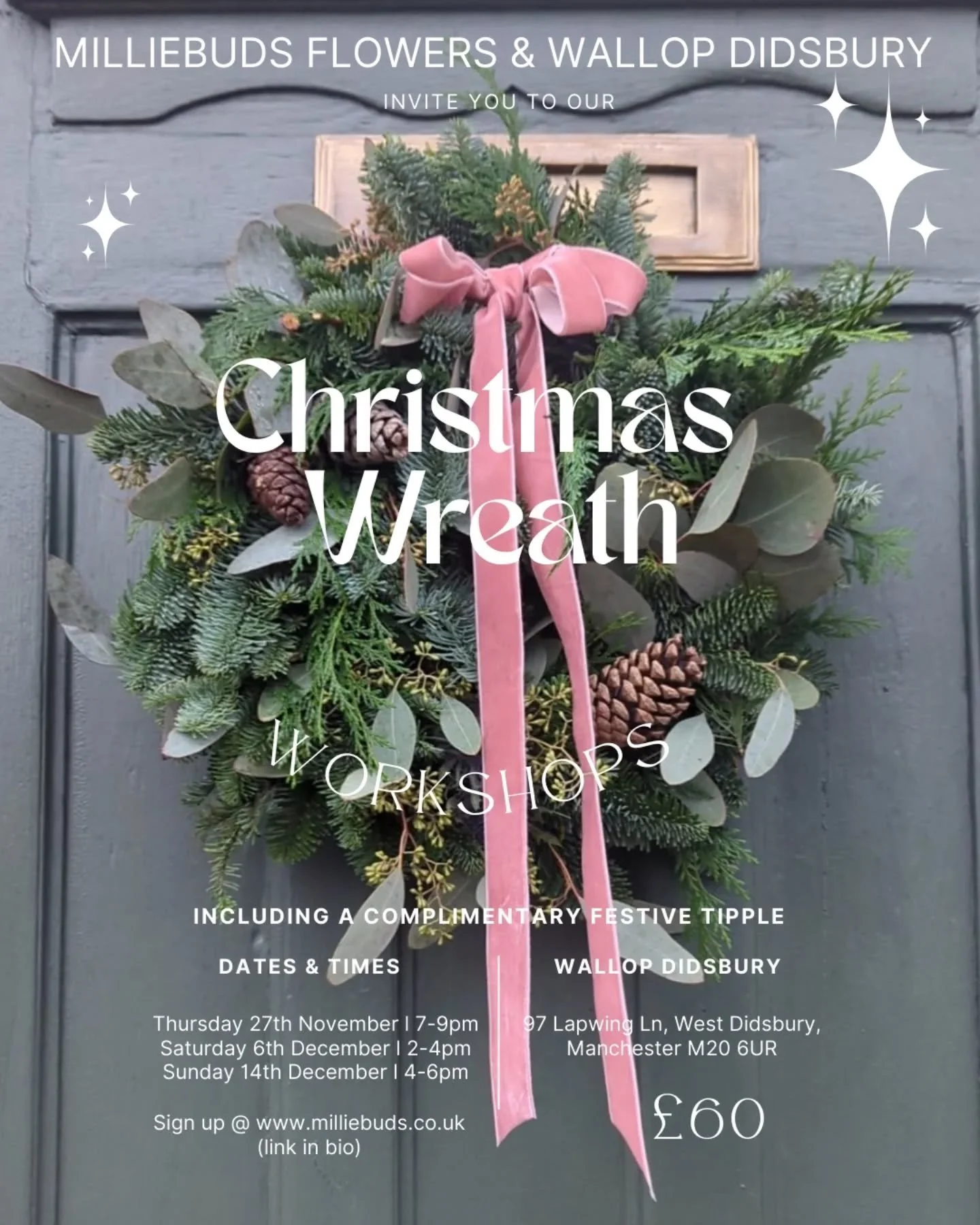 It's CHRISTMAS...well ok it's Christmas Wreath Workshop time 🎄

✨ We are back at Wallop this year and pleased to announce three dates and times for you to choose from ✨

Thursday 27th November 7-9pm
Saturday 6th December 2-4pm
Sunday 14th December 4