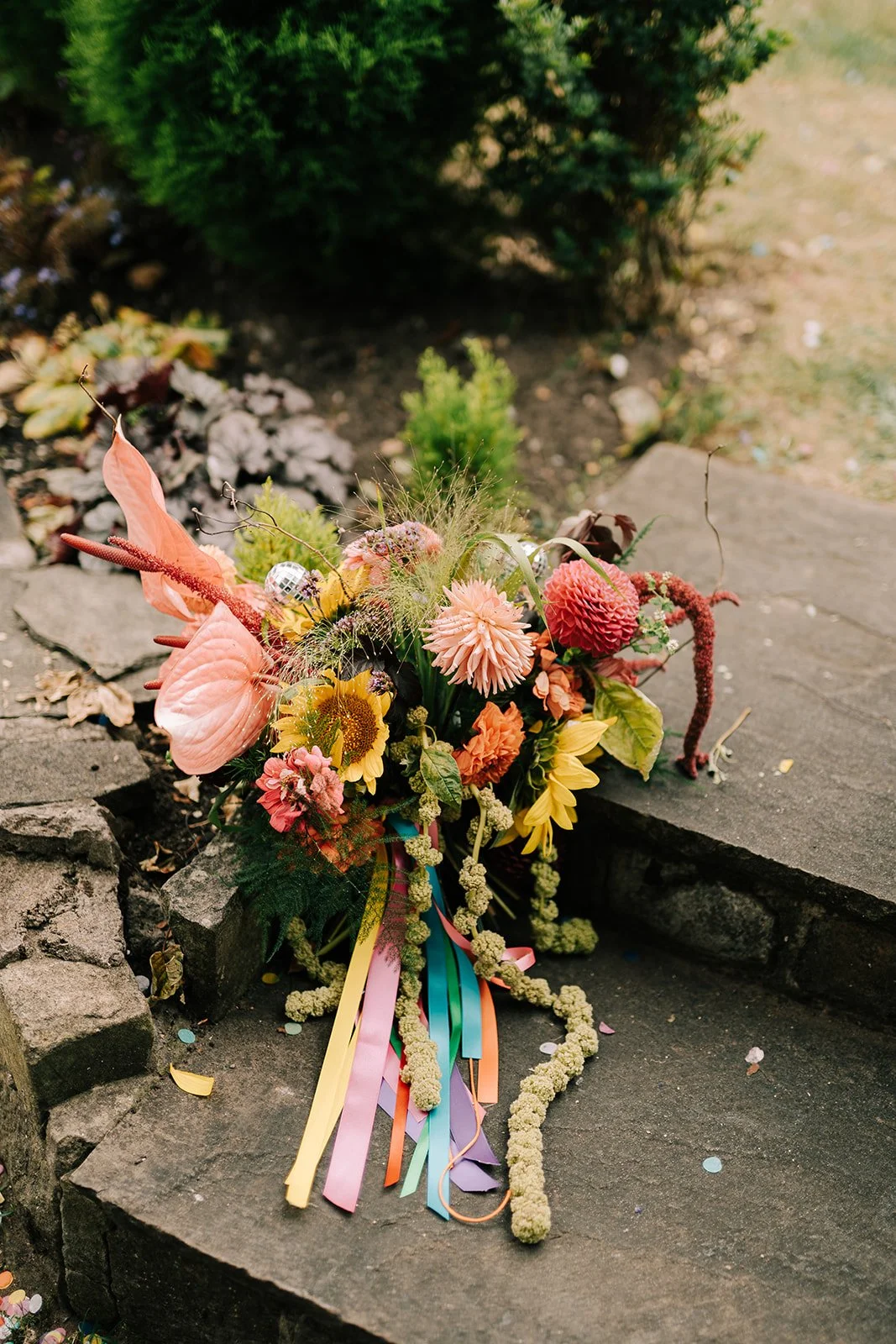 Colourful bridal bouquet on floor