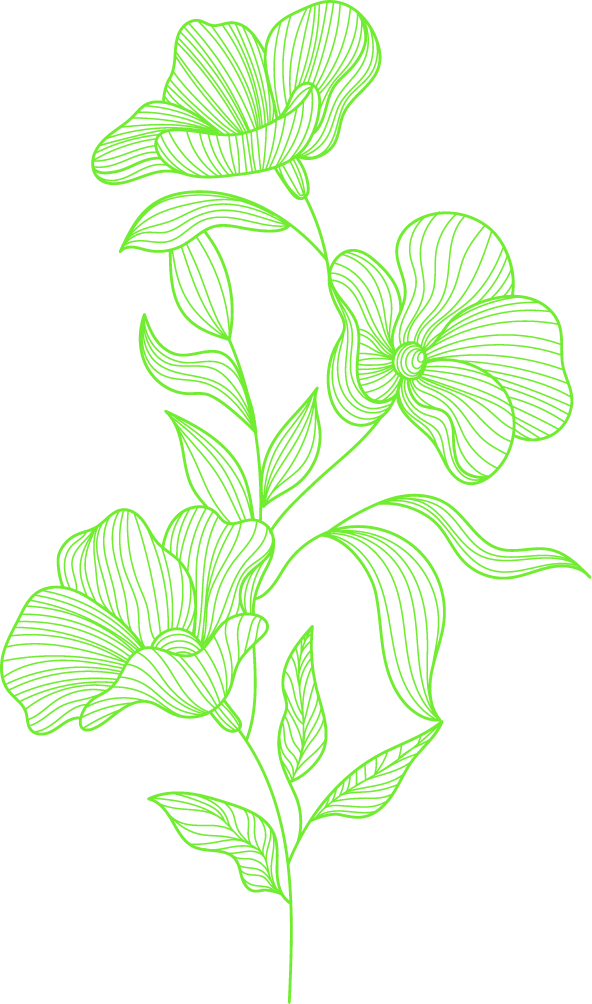 Green neon outline drawing of a flower with multiple leaves and three large flowers, set against a black background.