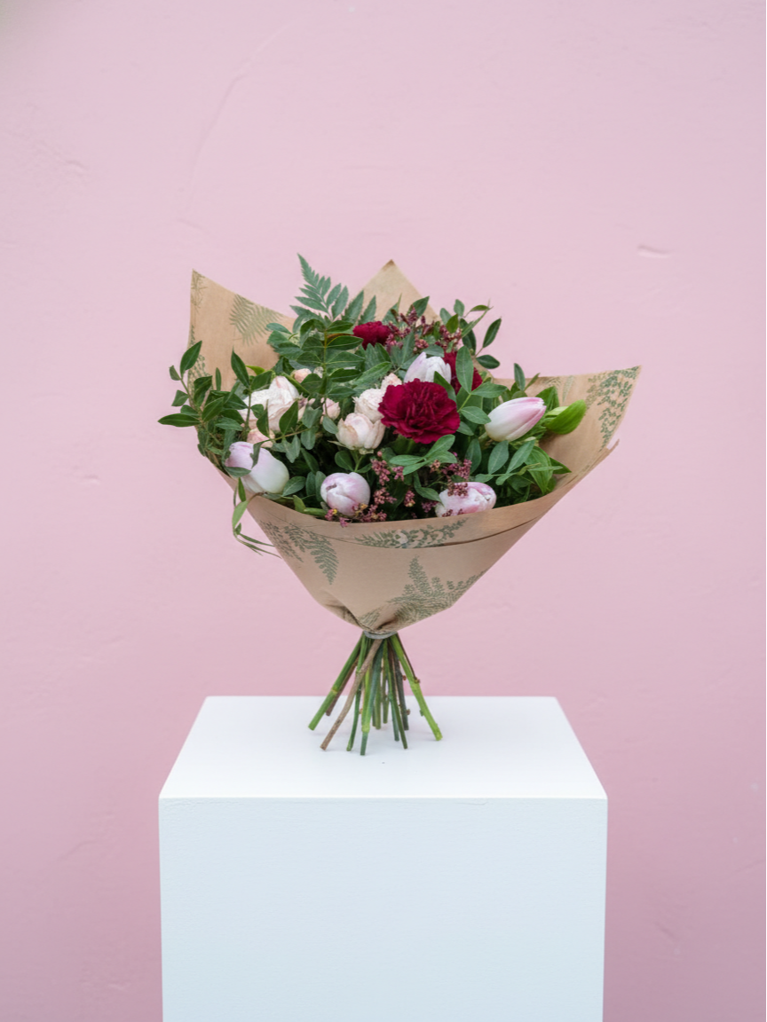 Tulip and rose pink and red valentine's bouquet