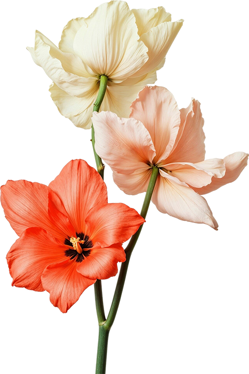 Three amaryllis flowers in cream, peach, and red colors with green stems.