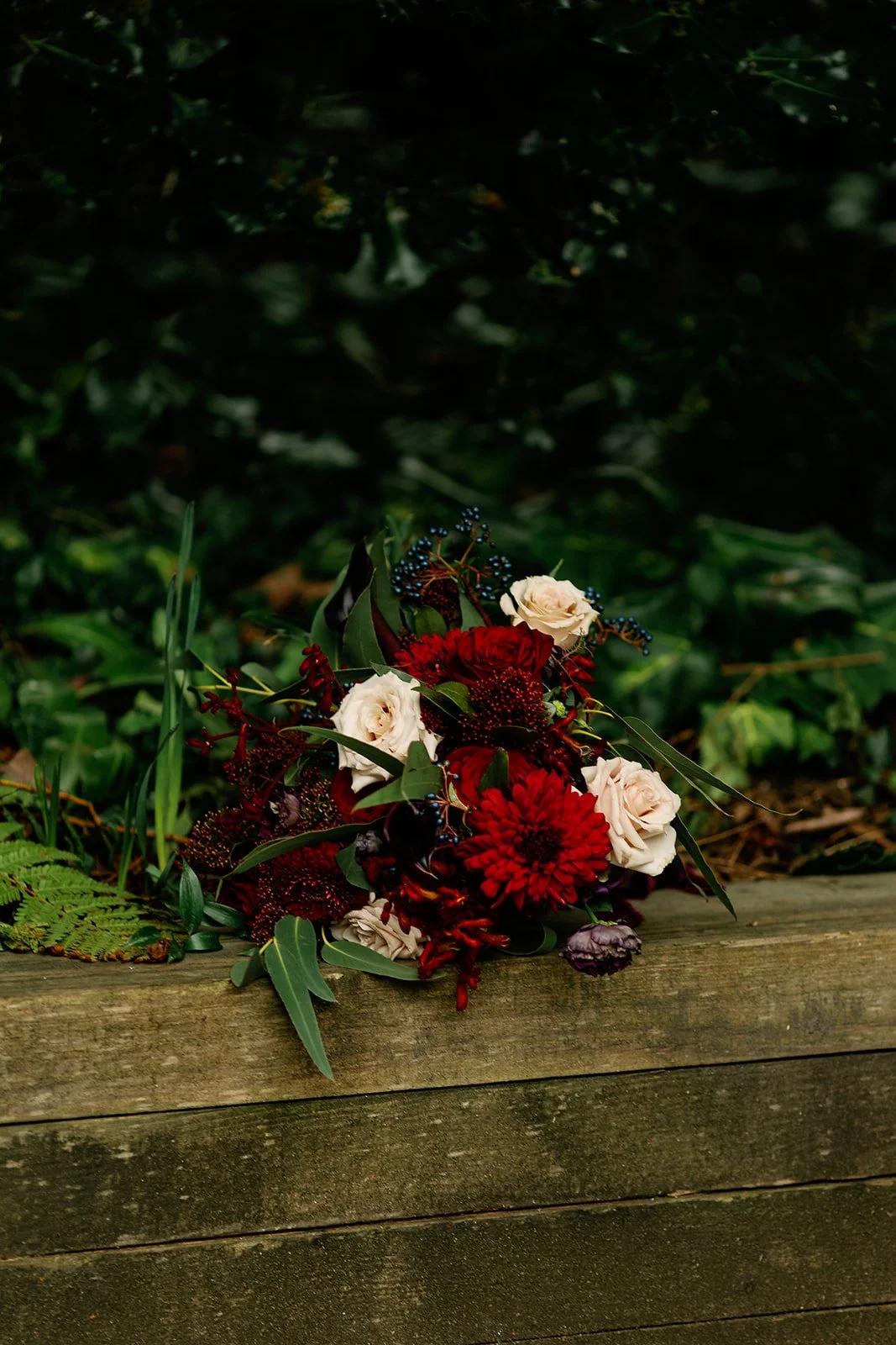 Moody red bouquet outside