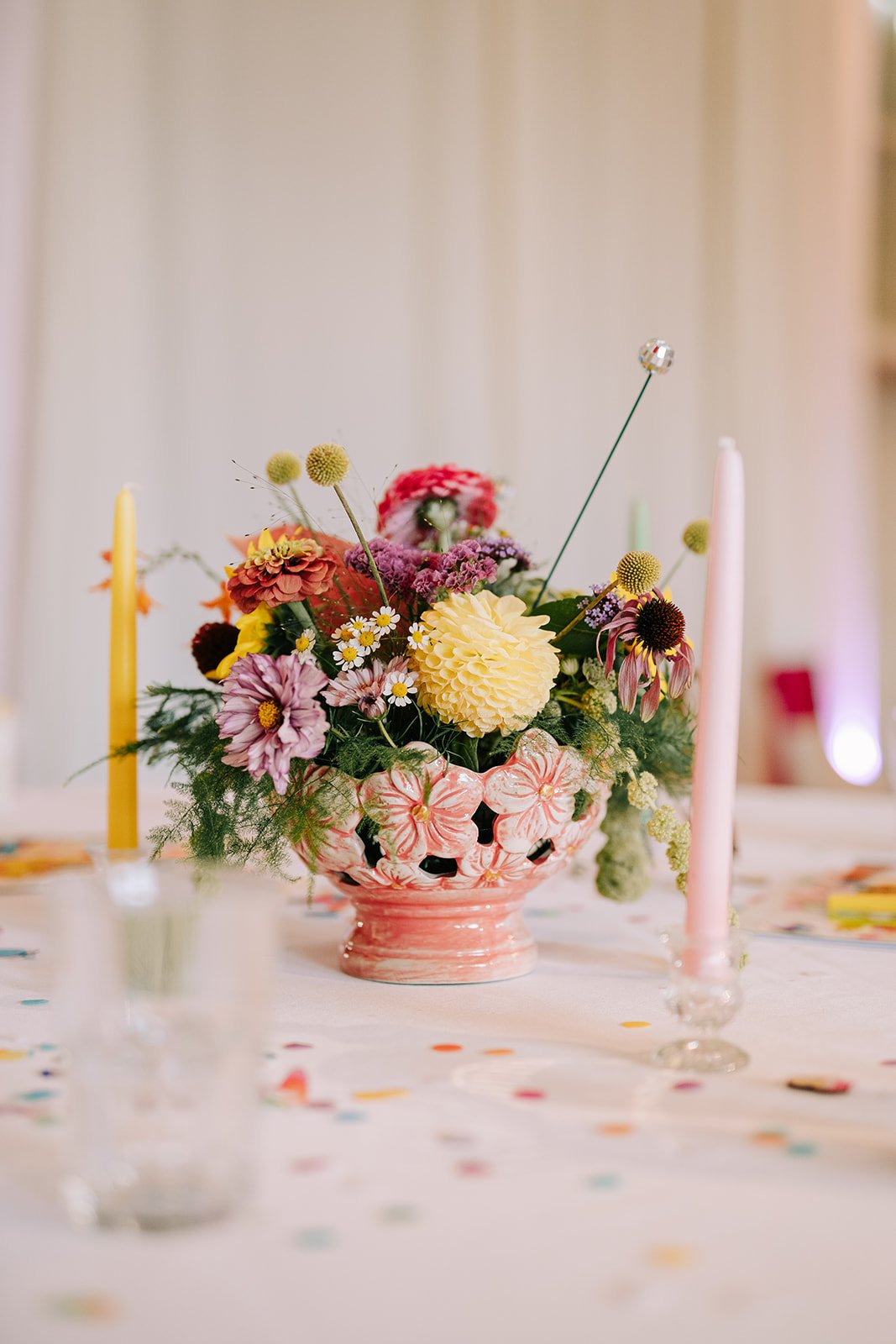 Wedding colourful flower table centrepiece created by MillieBuds Colour Loving Wedding Florist in Stockport at Bowdon Rooms