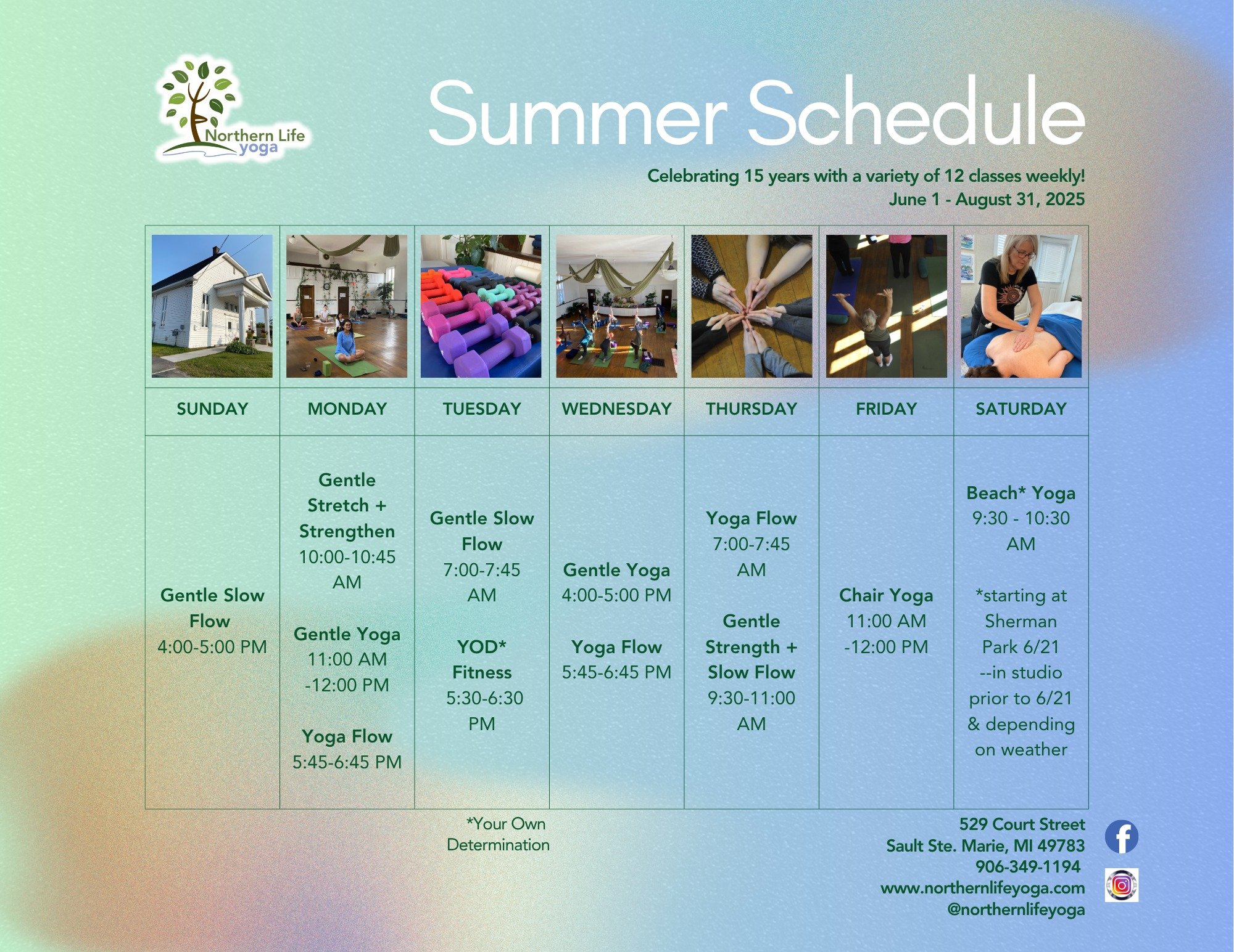 Summer classes are here at Northern Life Yoga June 1st - August 31st! ☀️
Check out new class styles and times in addition to your continuing favorites.
Beach Yoga begins Saturday, June 21st -- join us in the studio Saturday mornings until then and on