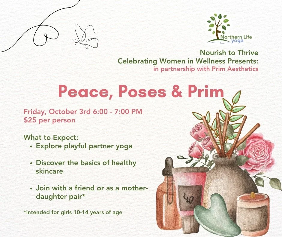 Allie of Northern Life Yoga and Meghan of @prim_aesthetics, can't wait to share this playful partner yoga practice and the basics of healthy skin care with you and the girls! Start the weekend with more confidence, calm, and glow. 
Join us as friends
