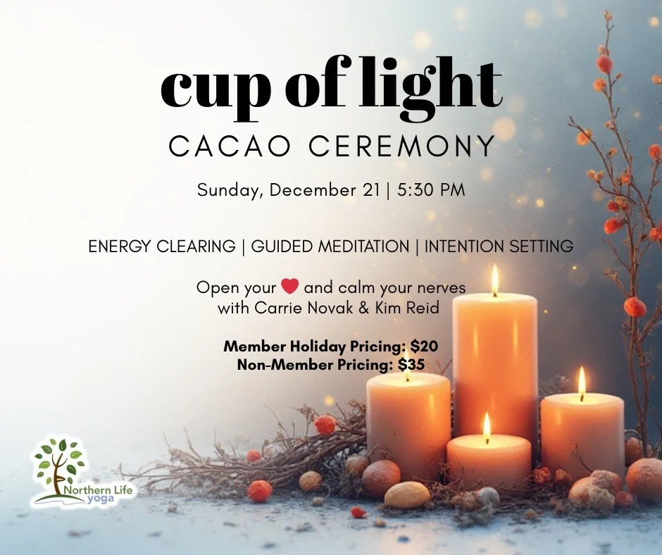 Join Carrie Novak and Kim Reid Sunday December 21st from 5:30-6:30 PM for a cozy Winter Solstice cacao ceremony designed to gently open the heart and calm the nervous system. 
☕ sip warm ceremonial cacao
❄ receive personal energy clearing with rose w