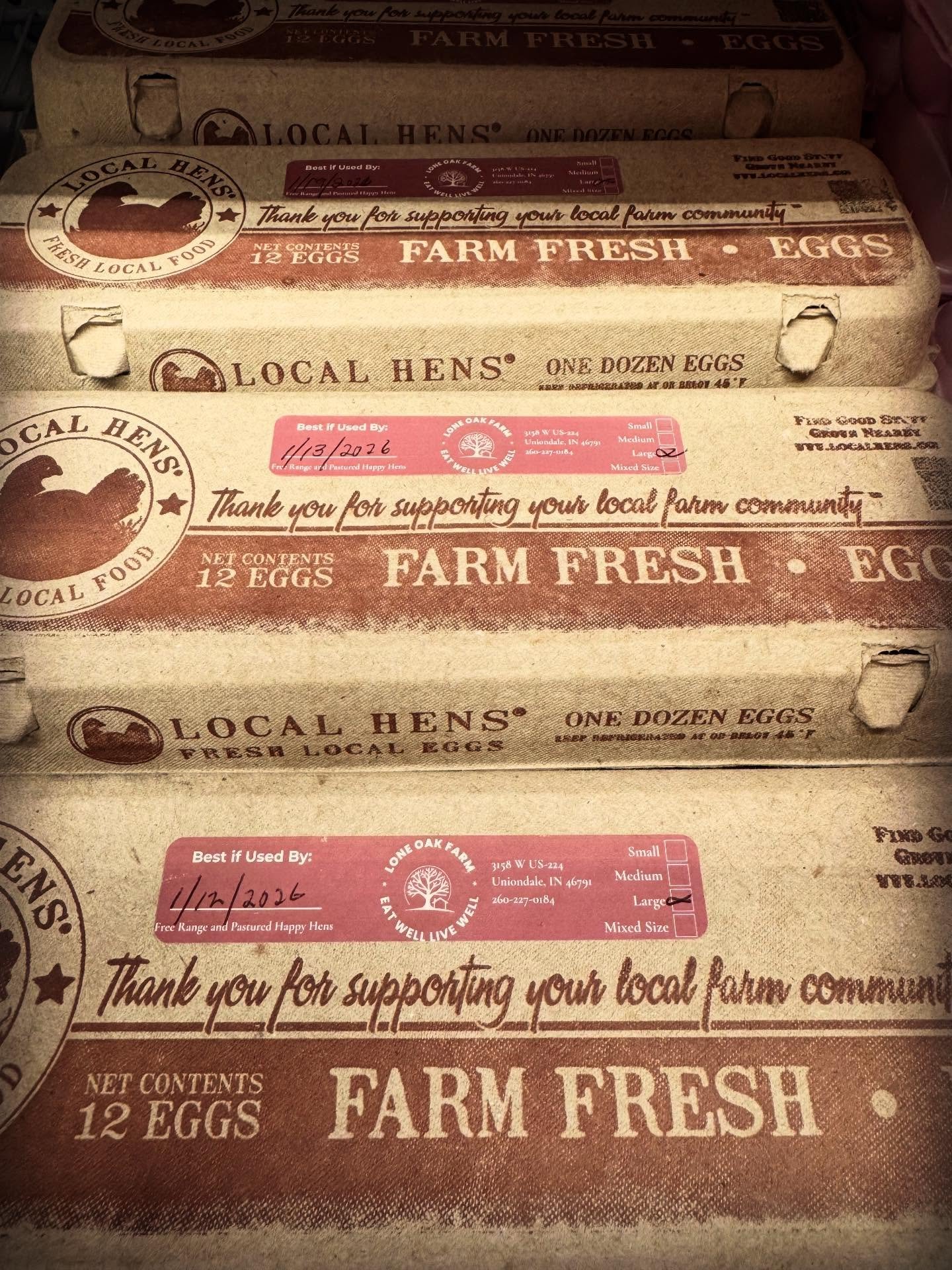 🚨NEW ITEM🚨

Now carrying fresh, local eggs!
Lone Oak Farms out of Uniondale, Indiana has been kind enough to partner with us to start selling their Cage-Free, Pasture-Raised Eggs. Swing by and give them a try today!
Shop local, shop fresh.