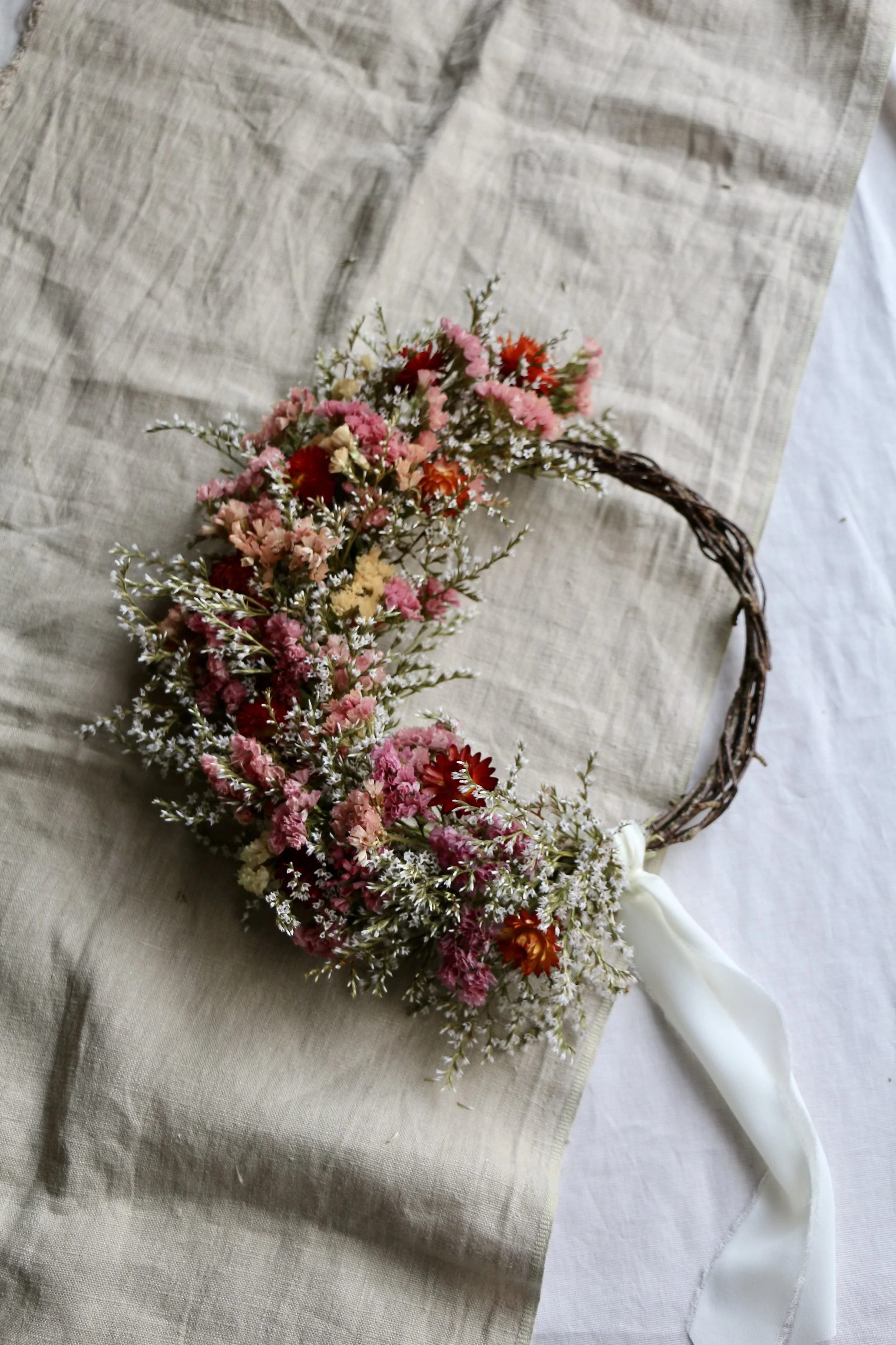 peach and cream dried flower wreath