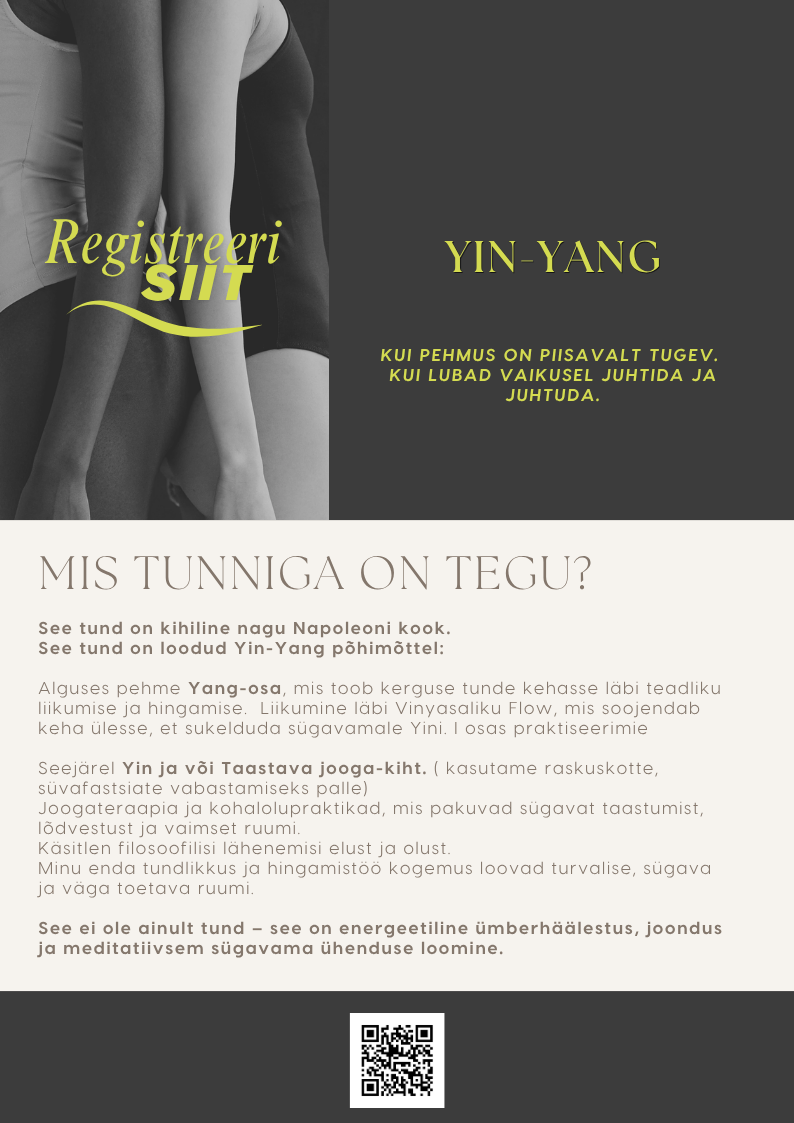 A promotional flyer in Estonian about Yin-Yang meditation and yoga, featuring partially visible women in athletic clothing and a QR code.