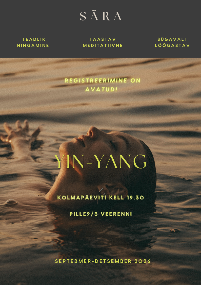 Woman relaxing in water during sunset with text overlay promoting a meditation class by SÄRA