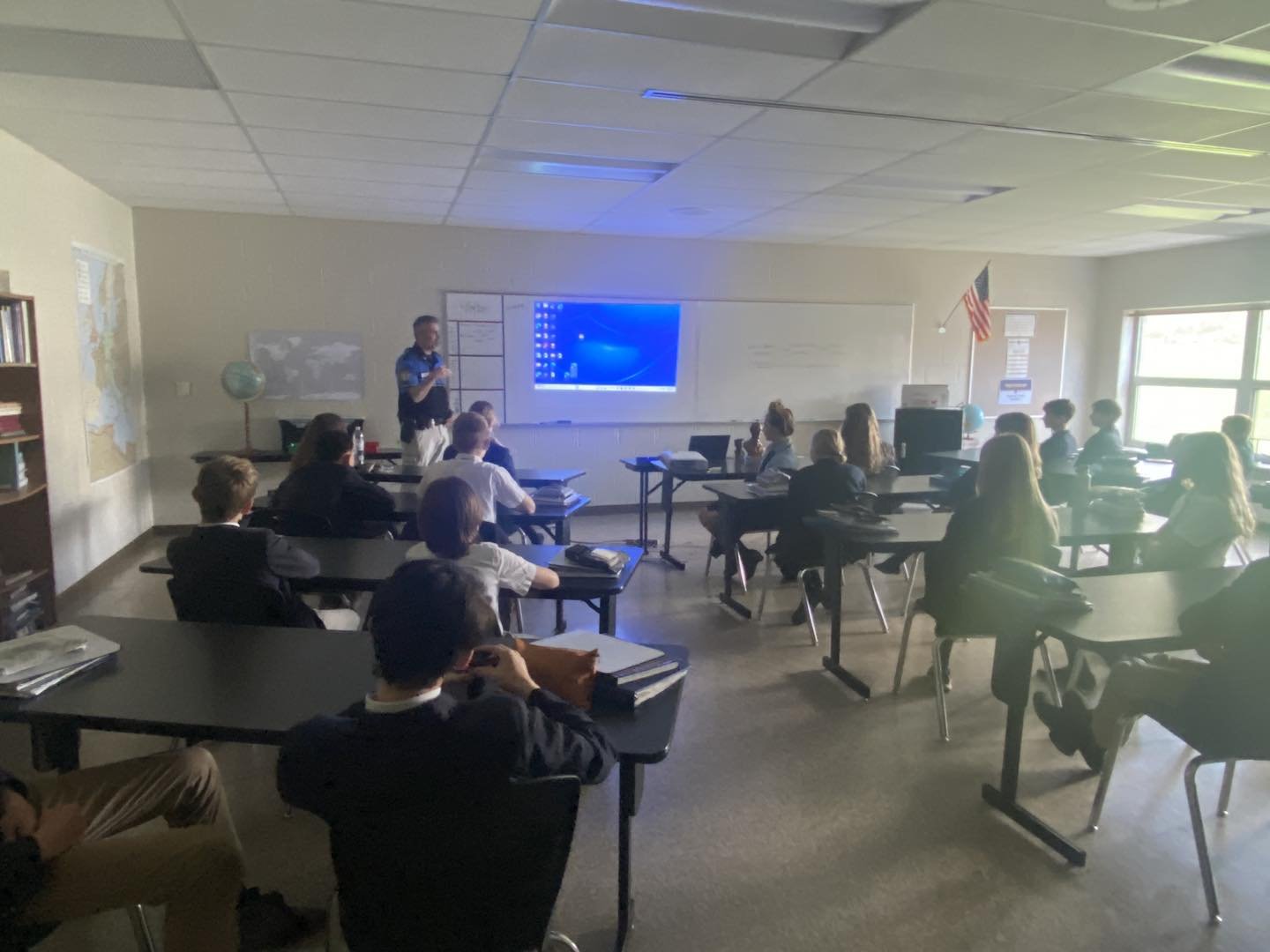 Today, our very own SRO, Mr. Baker, spoke to the 7th grade about the military, specially the Marines. Mr. Baker served with the Marines for 10 years. The students asked excellent questions and Mr. Baker enjoyed sharing his experiences with them. Indi