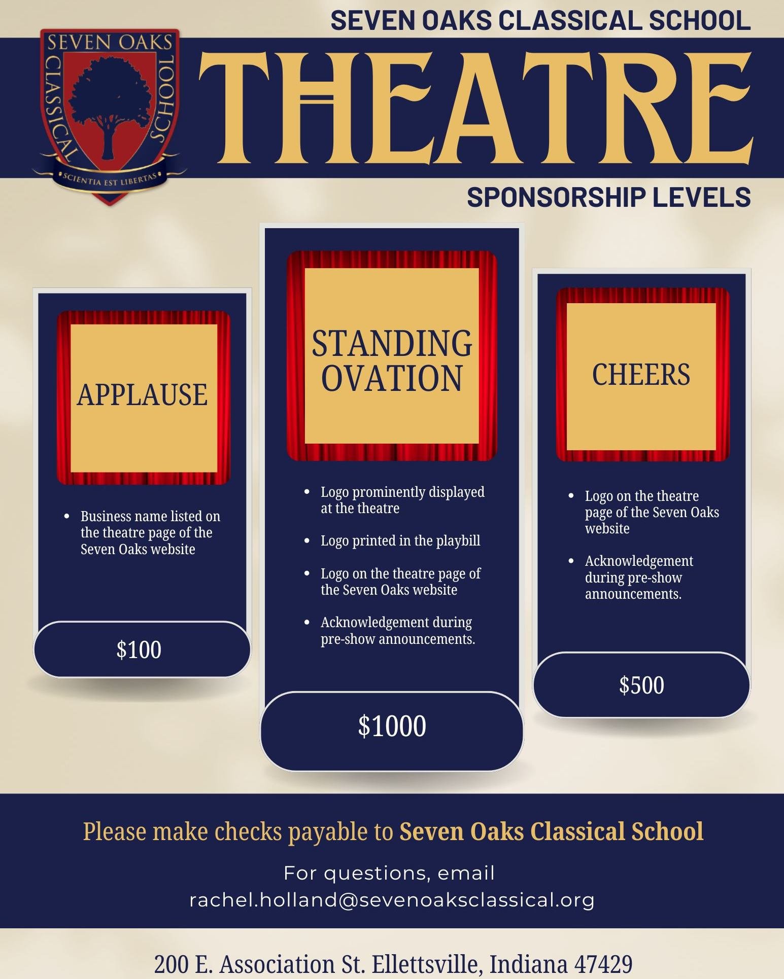Did you attend the Seven Oaks production of Tartuffe? It was incredible! We invite you to support our talented theatre students through a sponsorship. We are looking for individuals and businesses who can help these hardworking students continue prod
