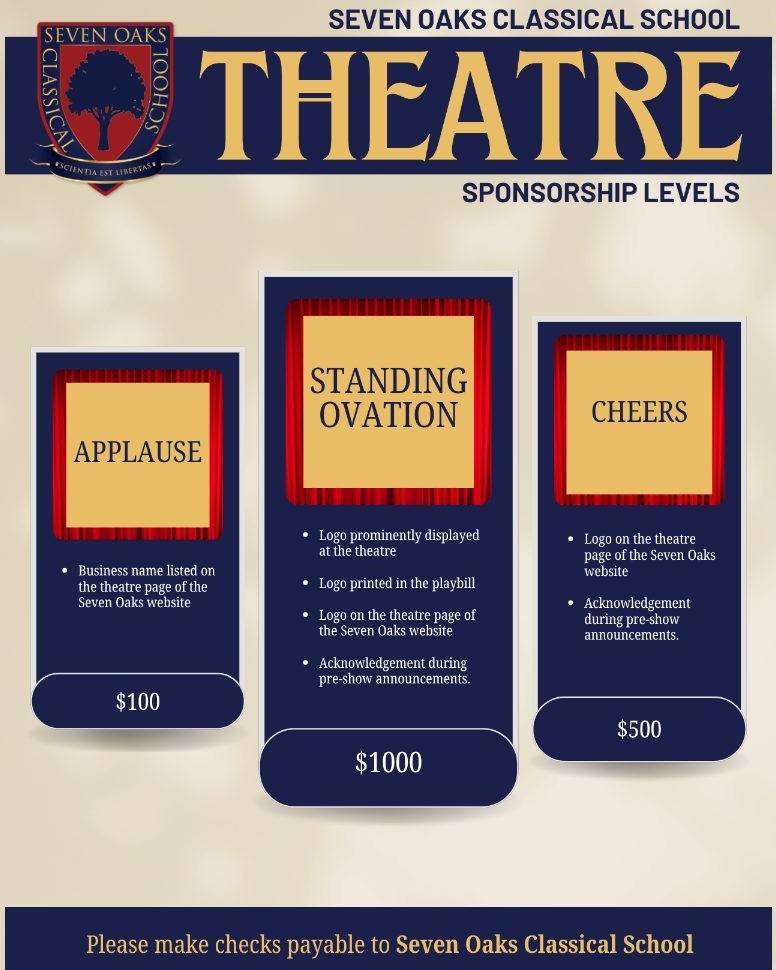 This is an opportunity to make a lasting impact on the talented students of the Seven Oaks Theatre Department. As we prepare for our upcoming productions, we are seeking sponsors who can help elevate our students' performances and experiences.
Your