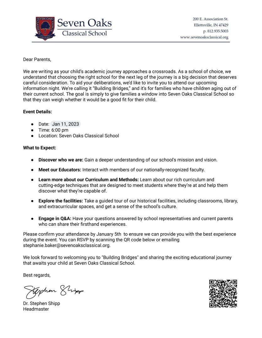 Letter sent to Parents with QR code to the Google Form Sign Up
