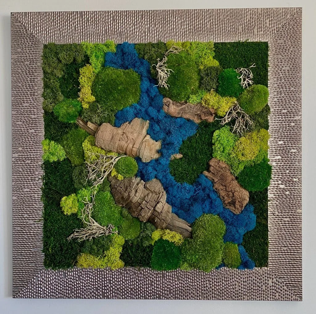 Wall art with preserved moss and bark