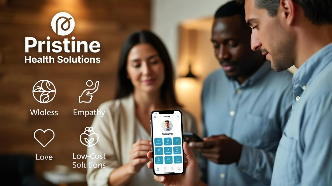 Three people looking at a smartphone with a health app, in a warmly lit room, promoting Pristine Health Solutions with icons for Wellness, Empathy, Love, and Low-Cost Solutions.