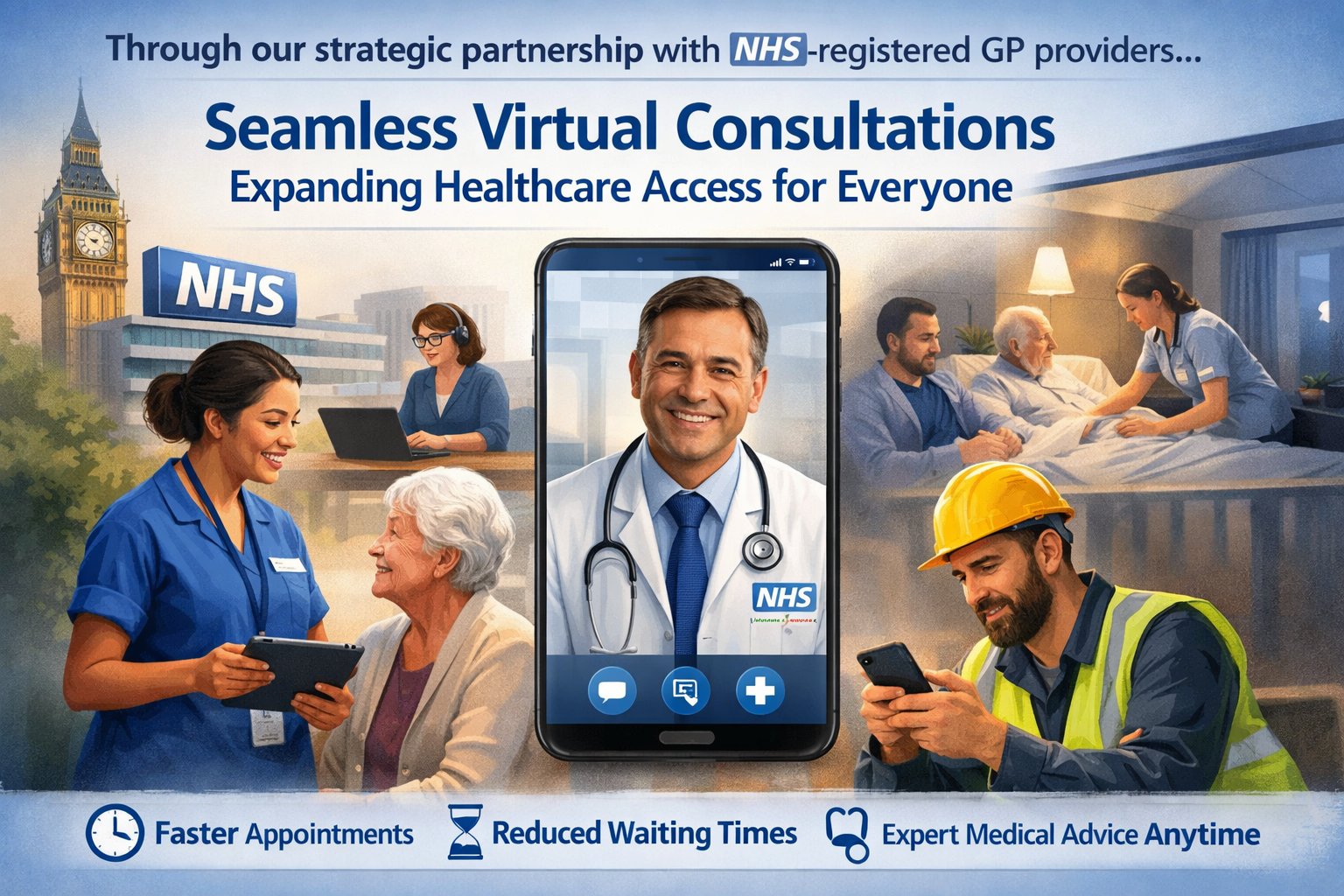 A promotional graphic depicting virtual healthcare consultations with NHS. Shows a doctor on a smartphone screen, healthcare professionals, and patients, emphasizing accessible healthcare. Features icons and text highlighting faster appointments, reduced waiting times, and expert advice.