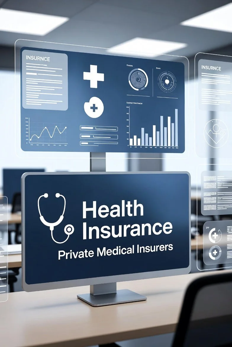 A computer monitor displaying a health insurance sign with a stethoscope icon and the text "Health Insurance, Private Medical Insurers". The background shows a digital interface with graphs and charts related to insurance data.
