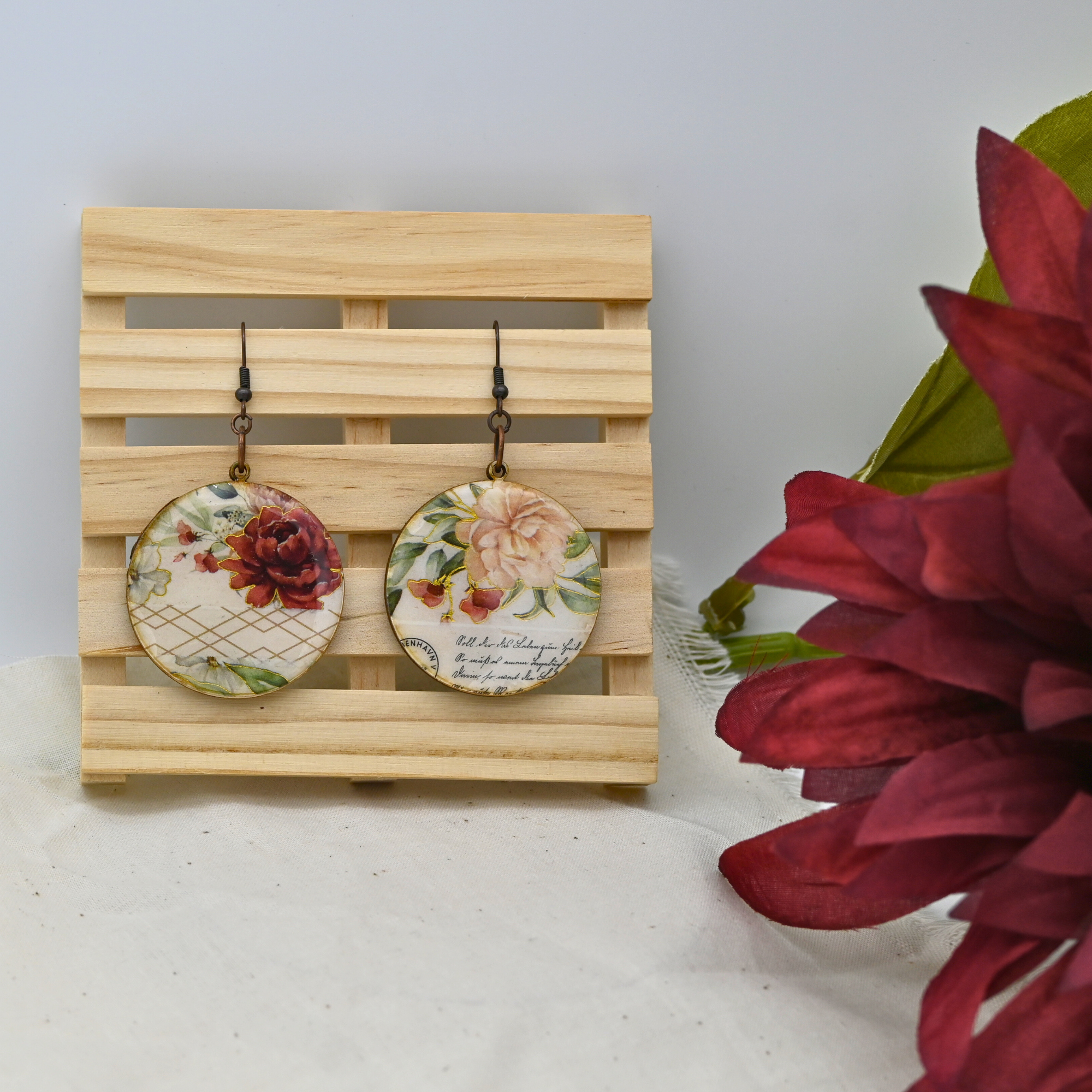 Flowers, Gold Washi, and Fabric - Large Circles (#18)