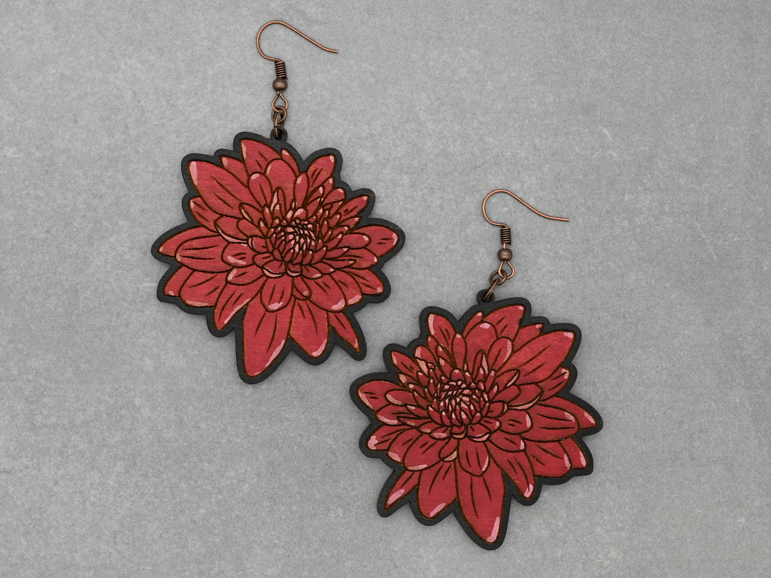 Red, Hand-painted Chrysanthemum Earrings (Large, Wooden)