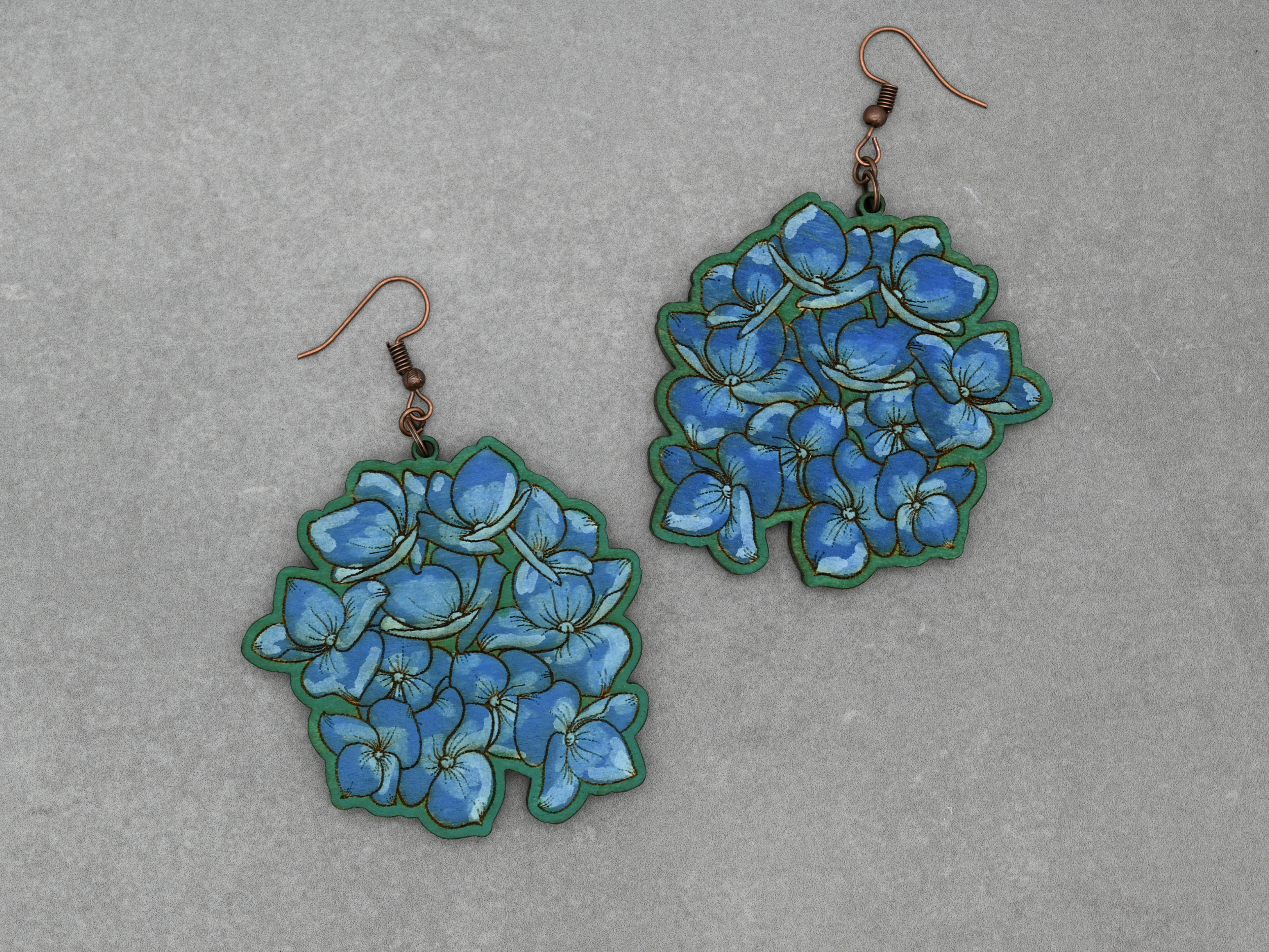 Blue Hydrangea Dangly Wooden Earrings (Hand-made &amp; Hand-painted)