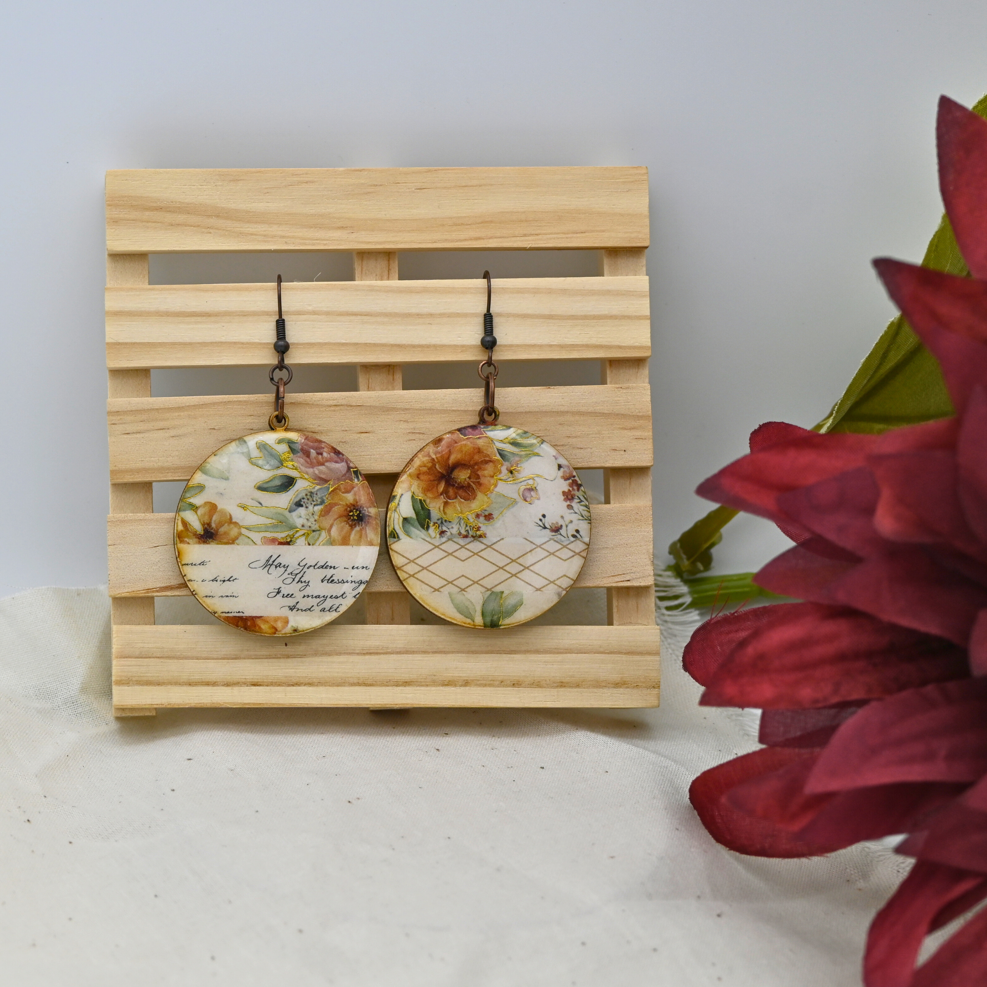 Flowers, Gold Washi, and Fabric - Large Circles (#17)