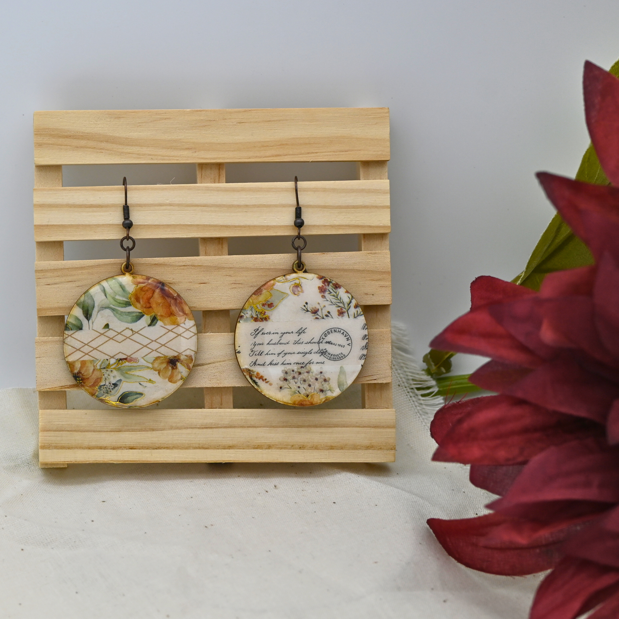 Flowers, Gold Washi, and Fabric - Large Circles (#15)