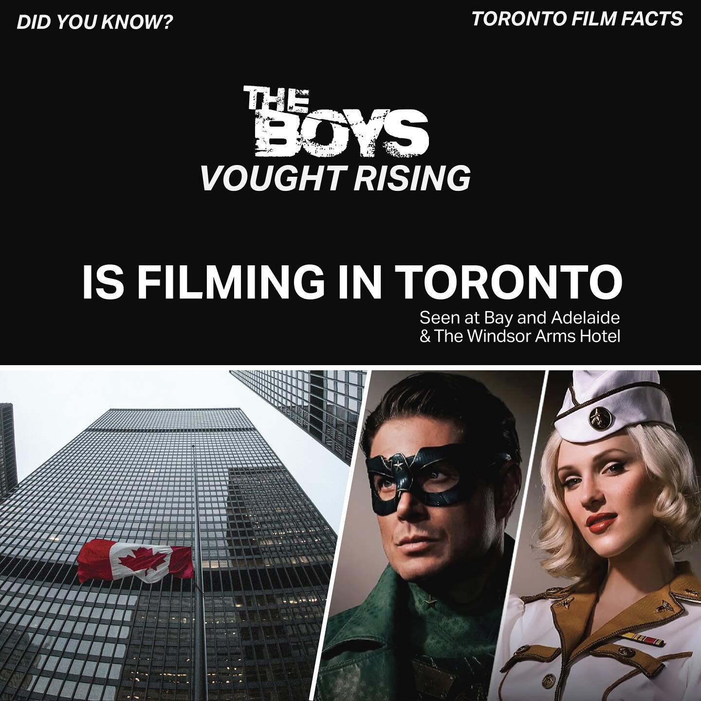 Did you know? 👀 The Boys spinoff Vought Rising has been filming around Toronto this fall. Spot sightings include The Windsor Arms Hotel and the Bay and Adelaide area. Keep an eye out for superhero cameos in the wild 🎬📸
#VoughtRising #theboys