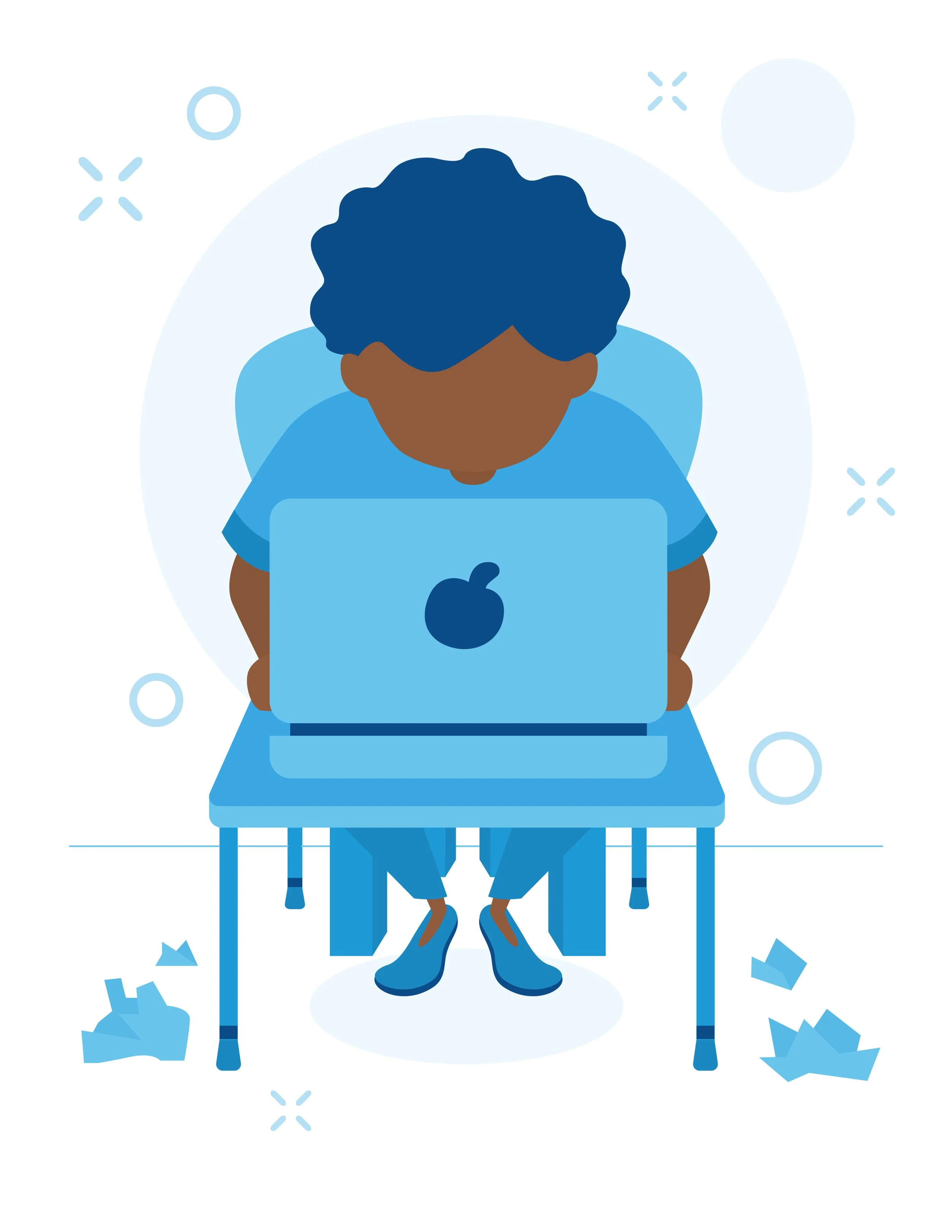 Illustration of student on laptop, crumpled up work paper underneath them