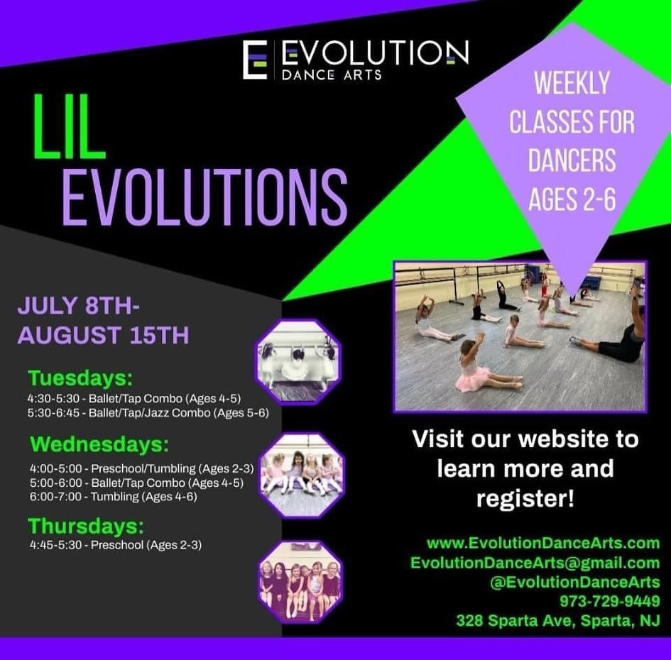 Shout out to our tiniest dancers!! Are you sad classes are coming  to an end ?! Join us this summer for 6 weeks of your favorite class with our Lil Evolutions summer program. We offer classes on Tuesdays, Wednesday and Thursdays for ages 2-7. Registe