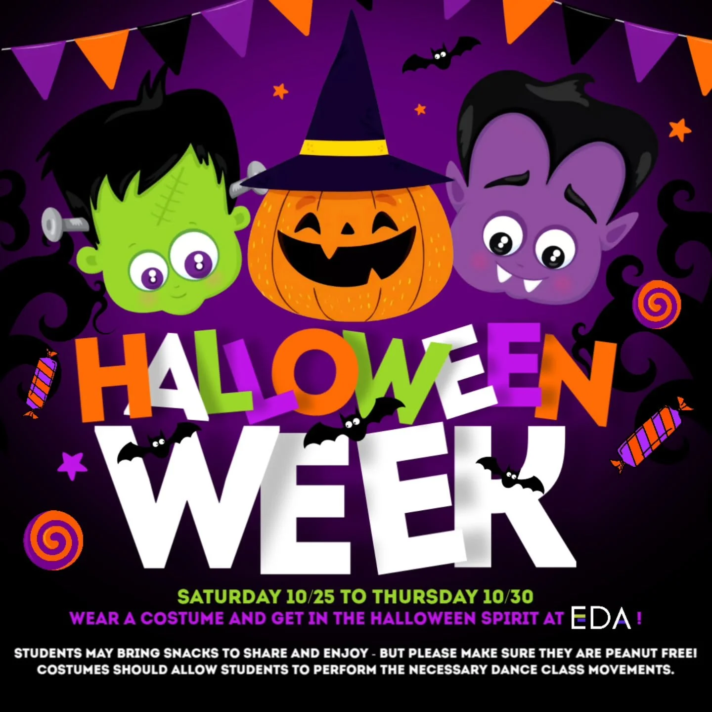 🎃Halloween at EDA begins Saturday 10/25!

Dancers can wear danceable costumes and bring peanut-free snacks to enjoy during class!💜💚