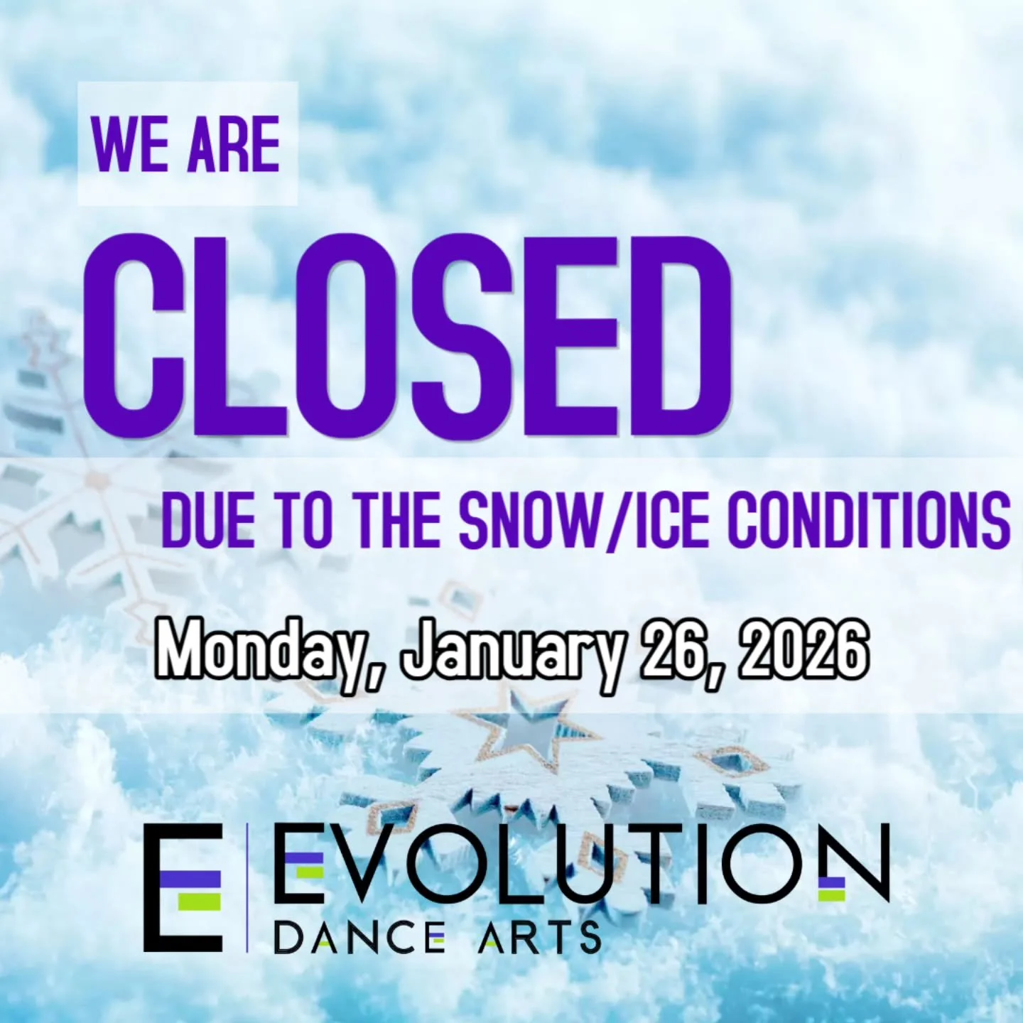 ❄️EDA is closed today Monday, January 26th due to the snowy conditions. Stay warm &amp; safe!!💜💚