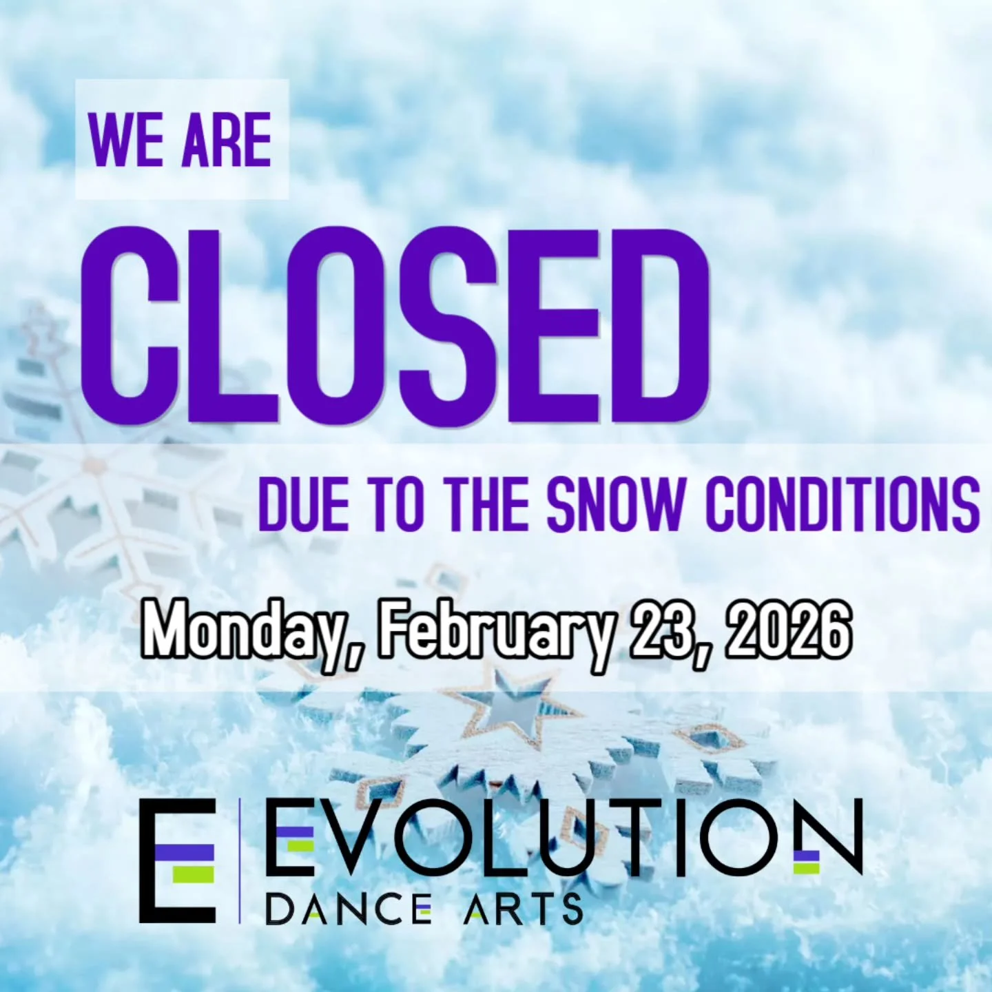 ❄️EDA will be closed Monday 2/23 due to the snow. Recreational classes - please check your email for makeup class information. 

Stay safe!!