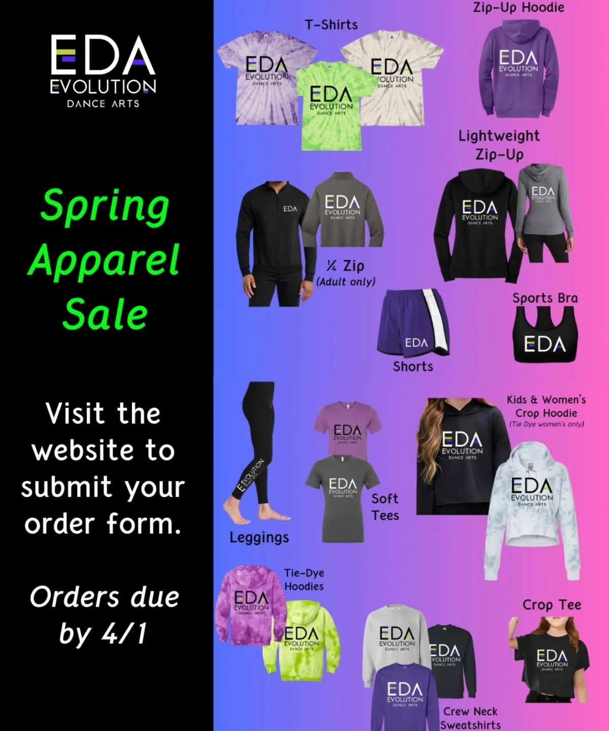 🌸Spring Apparel Orders open today! Visit the apparel page on our website to order your limited edition EDA apparel. 

📆Orders are due by 4/1