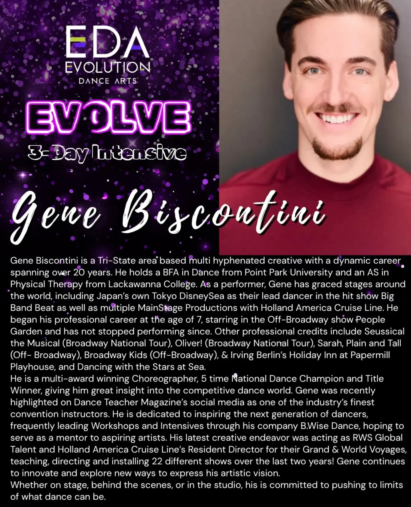 ✨This week our Evolve spotlight is on Gene Biscontini!

To take class with Gene and the rest of our amazing Evolve staff - sign up today at www.evolutiondancearts.com

💜Evolve: 3-Day Intensive | Monday, June 29th - Wednesday, July 1st

#dancenj #dan