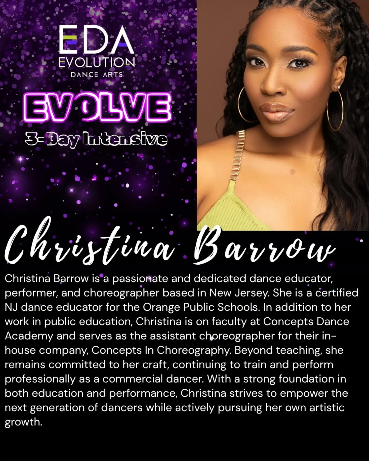 🌟This week's Evolve spotlight is on Christina Barrow!!

💜Evolve - 3 Day Intensive💚
Monday, June 29th - Wednesday, July 1st
Ages 5+ | 3 Levels
Register today at www.evolutiondancearts.com
>>Early registration discount ends 5/1<<

#dance