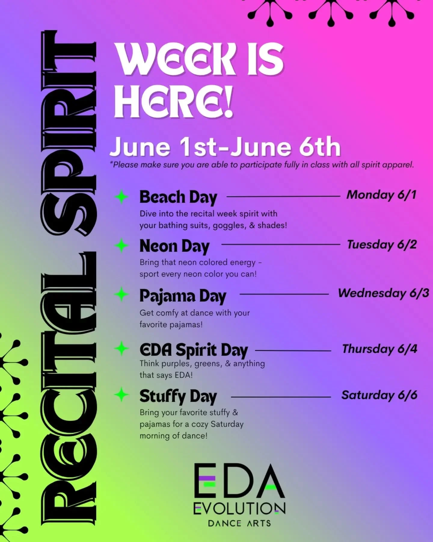 🌟It's Spirit Week at EDA!!!🌟

We can't wait to see everyone in their spirit gear as we celebrate the end of the dance year!💜💚

Looking to dance over the summer? Check out our summer programs at www.evolutiondancearts.com/summer-1