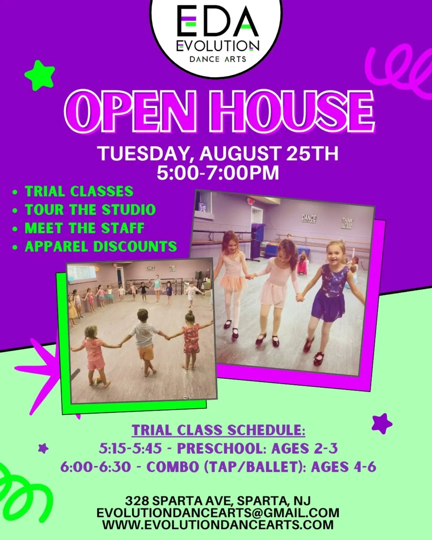 🌟Join us Tuesday 8/25 for our EDA Open House!!

🕛5:00-7:00pm

*Take a trial class
*Tour the studio
*Meet staff
*&amp; More!!

🪩Trial Classes:
5:15-5:45 - Preschool (ages 2-3)
6:00-6:30 - Combo: Tap/Ballet (ages 4-6)

We can't wait to see you there
