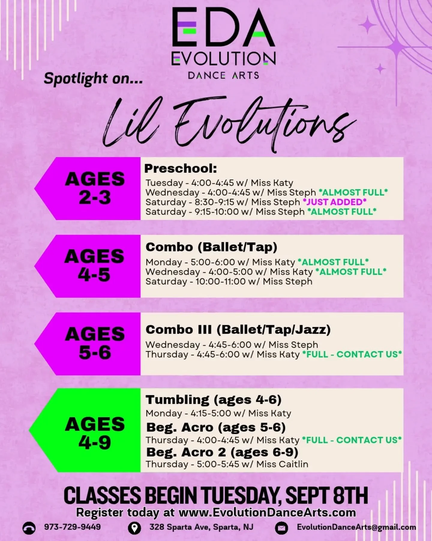 🌟Spotlight on...our Lil Evolution Classes!!

Our Lil Evolutions classes are the perfect foundation for your dancer to express their love of dance while learning the skills needed for their dance future! 💜💚

Register today at www.evolutiondancearts