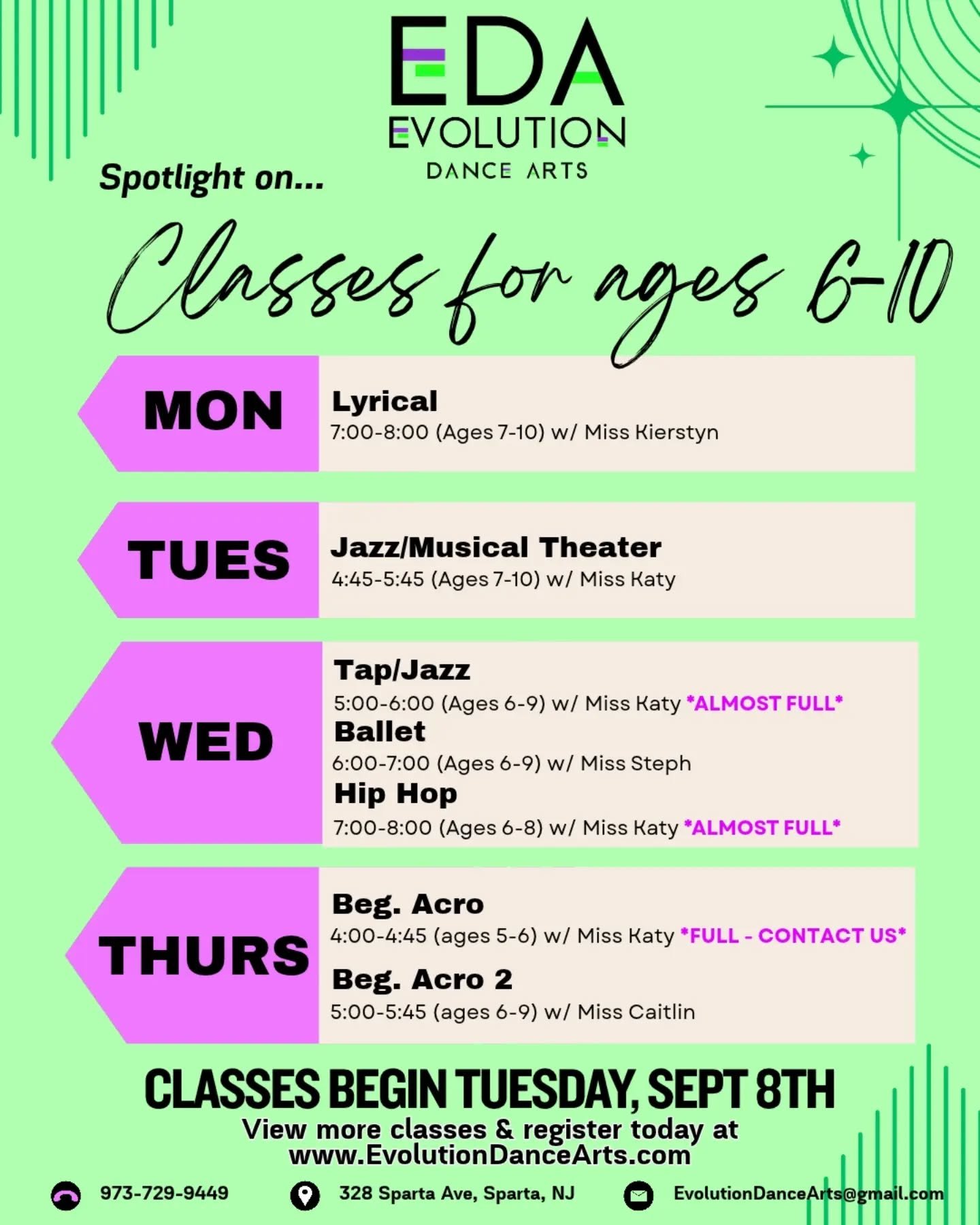 🌟 Spotlight on...our classes for ages 6-10!!!

🪩Our recreational dance program is the perfect fit for first year students to veteran dancers! 

🌐Visit our website to view all class options and register today!!

www.evolutiondancearts.com/schedule-