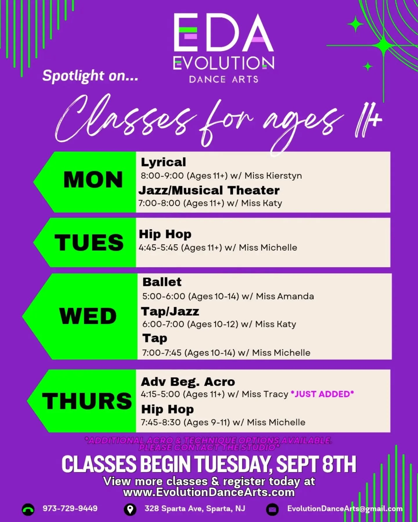 🌟 Spotlight on...classes for ages 11+!!

🪩Whether you are looking to try something new or have been dancing for years, our recreational program has the right class for you!!

💜💚For more class options and to view our full acro program, visit our w