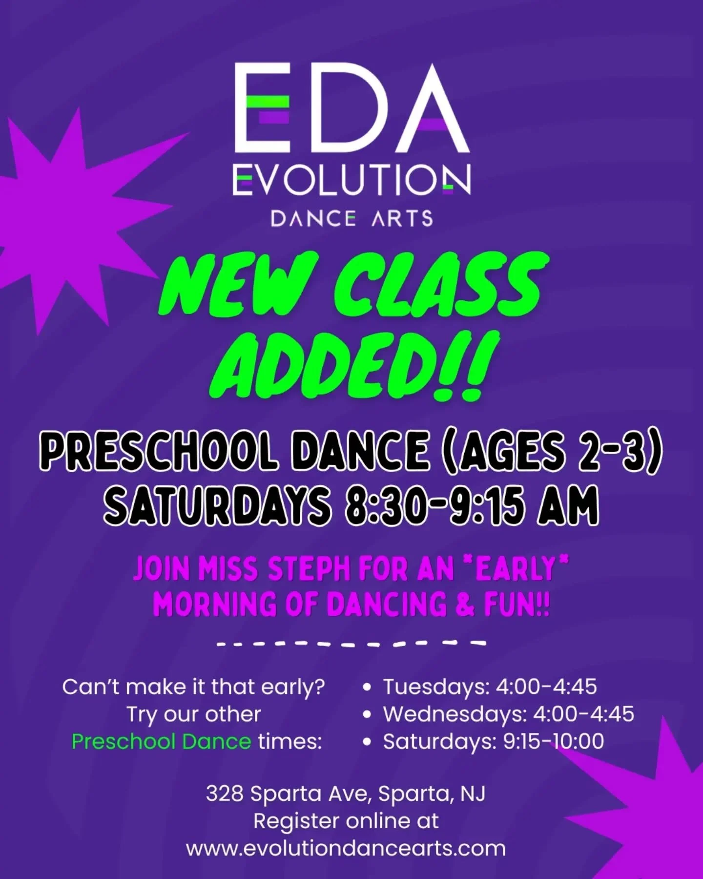📣NEW CLASS ALERT!!📣

Join Miss Steph for our *early* Saturday preschool dance!!

💜Saturdays 8:30-9:15am
💚Ages 2-3

Register at www.evolutiondancearts.com/schedule-1 

#danceclass #dancelessons #preschool #spartanj #sussexcountynj