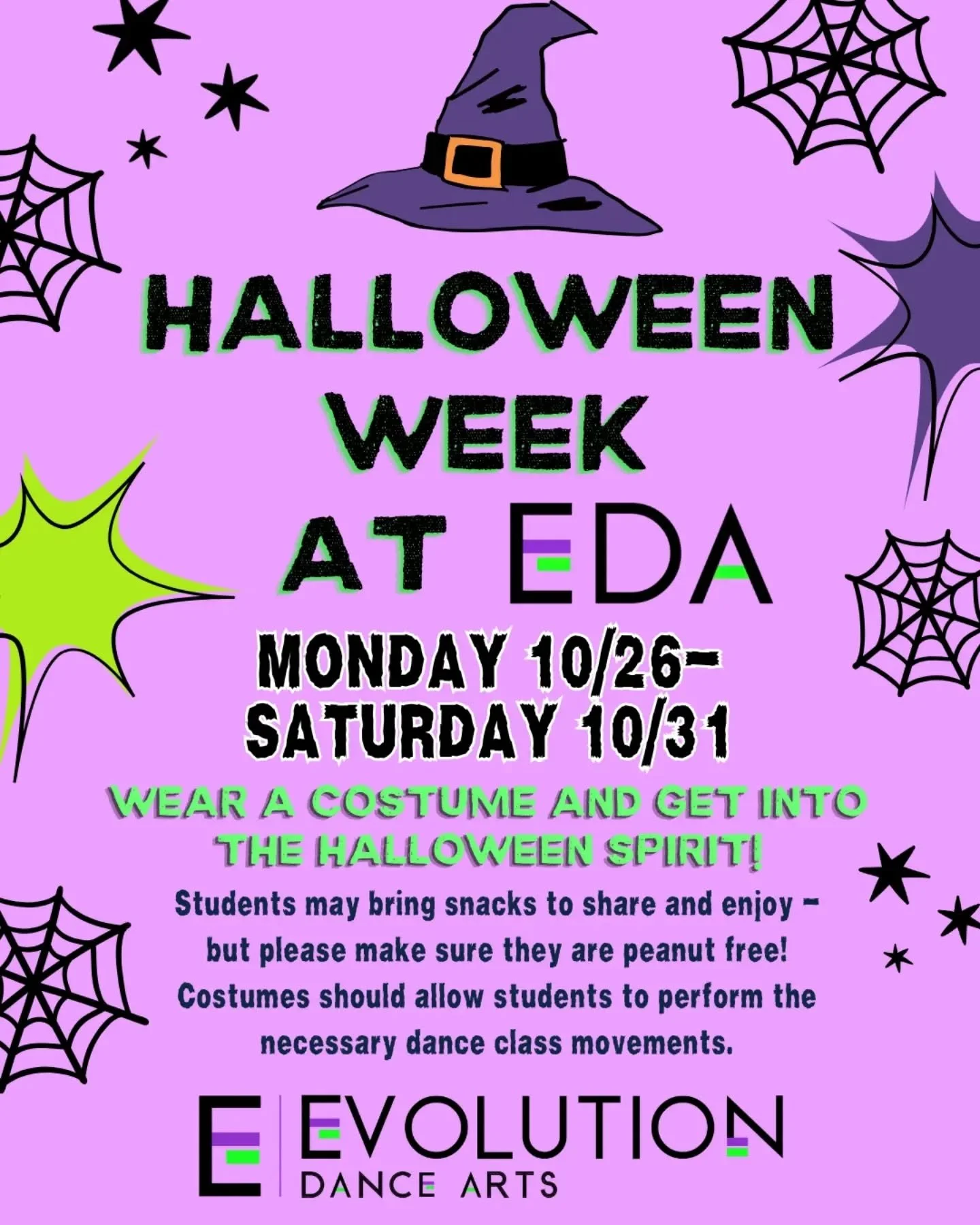 🎃It's Halloween Week at EDA!🍭

Students may wear costumes to class &amp; bring a small treat/snack to share. Please make sure food is peanut/tree nut free &amp; costumes allow for movement.💜💚