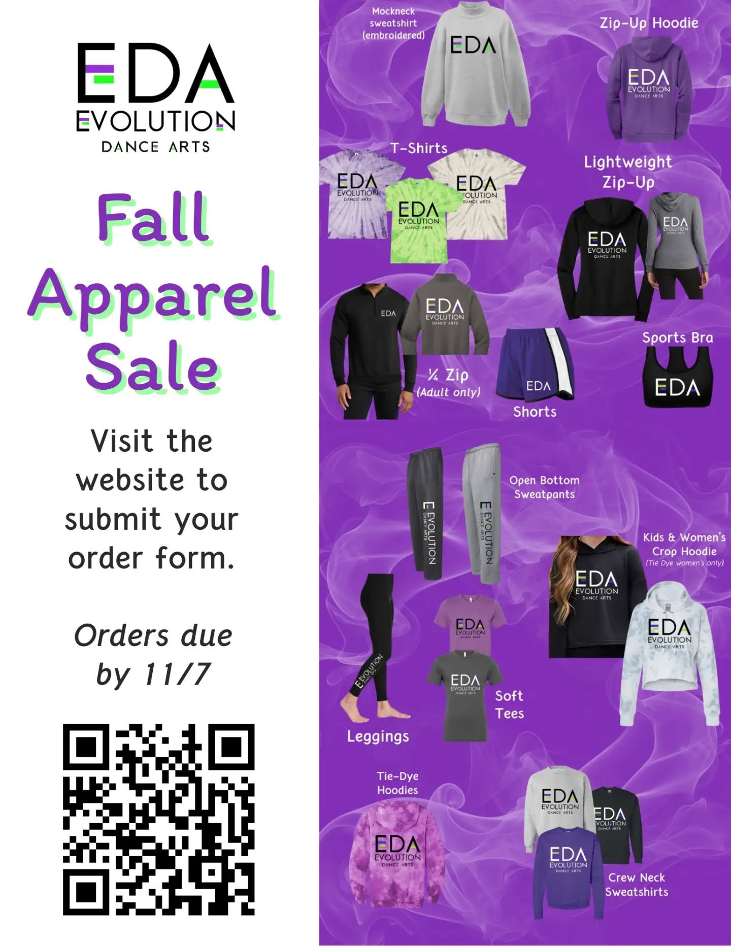 🍂Fall Apparel Sale begins today!!! 

💜💚Orders must be placed by 11/7. We can't wait to see everyone in their EDA gear!