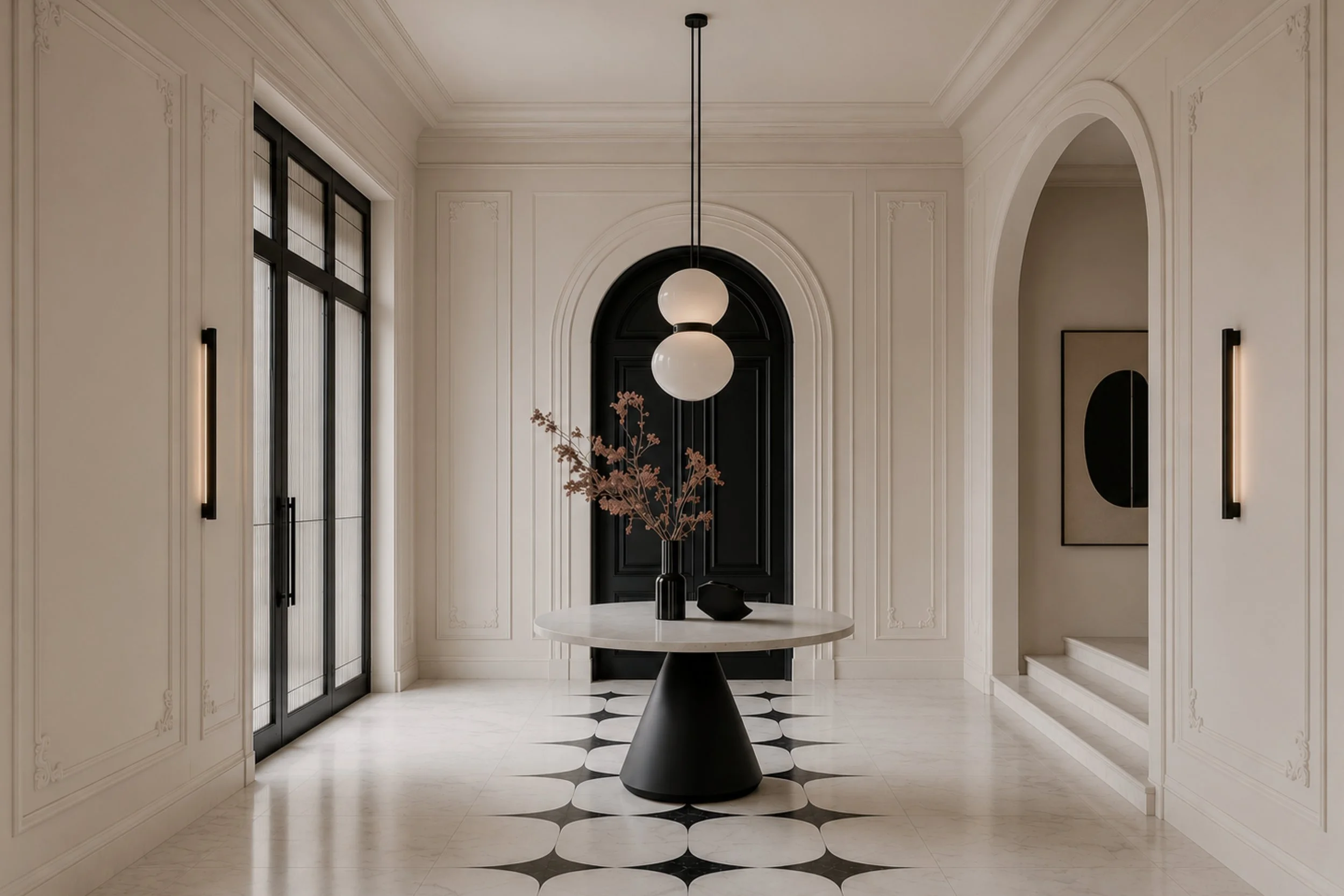 AI-enhanced visualization of architectural molding framing arched openings with timeless elegance.